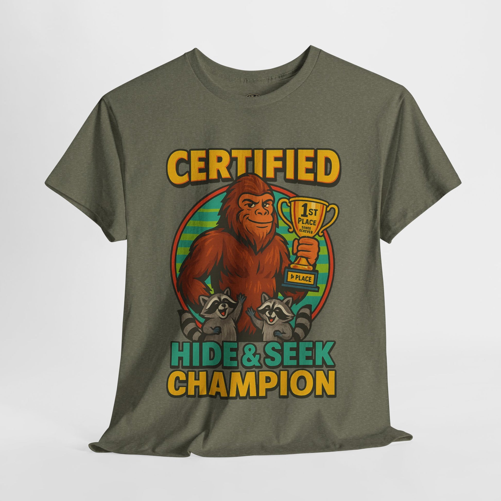 Certified Hide & Seek Champion Bigfoot T-Shirt – Funny Cryptid Shirt – Raccoon Forest Meme Tee – Gildan 5000