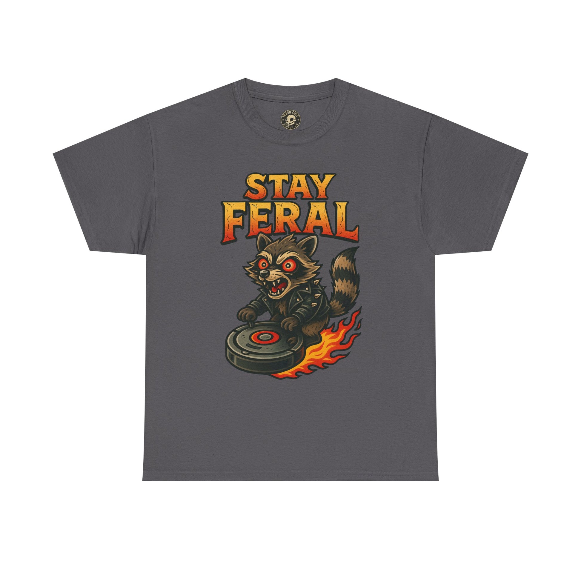Stay Feral Roomba Raccoon T-Shirt – Bold New School Tattoo Style | Trash Cult Supply Co