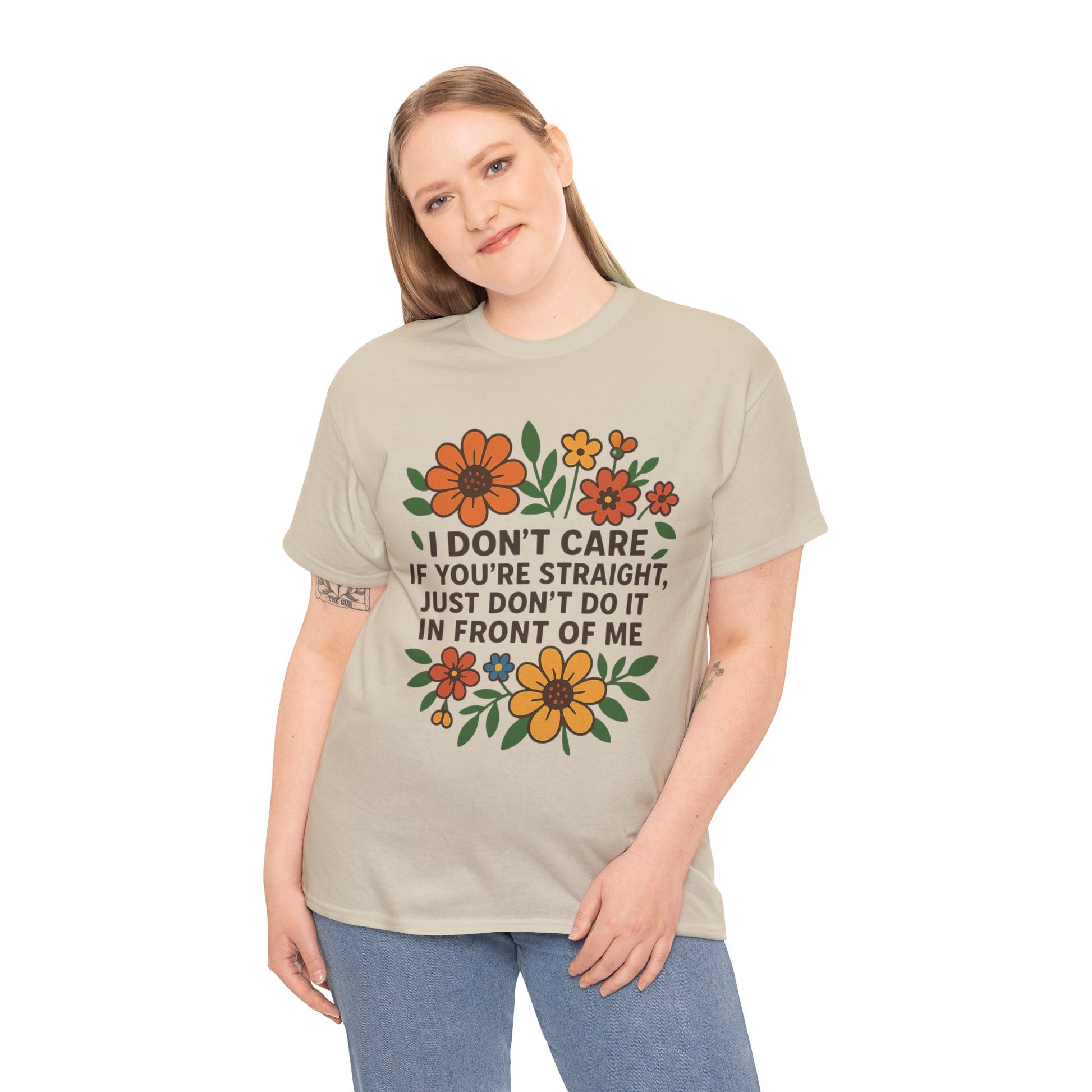 “I Don’t Care If You’re Straight” Funny Floral Shirt – LGBTQ+ Ally Tee – Bold Statement Graphic – Gildan 5000