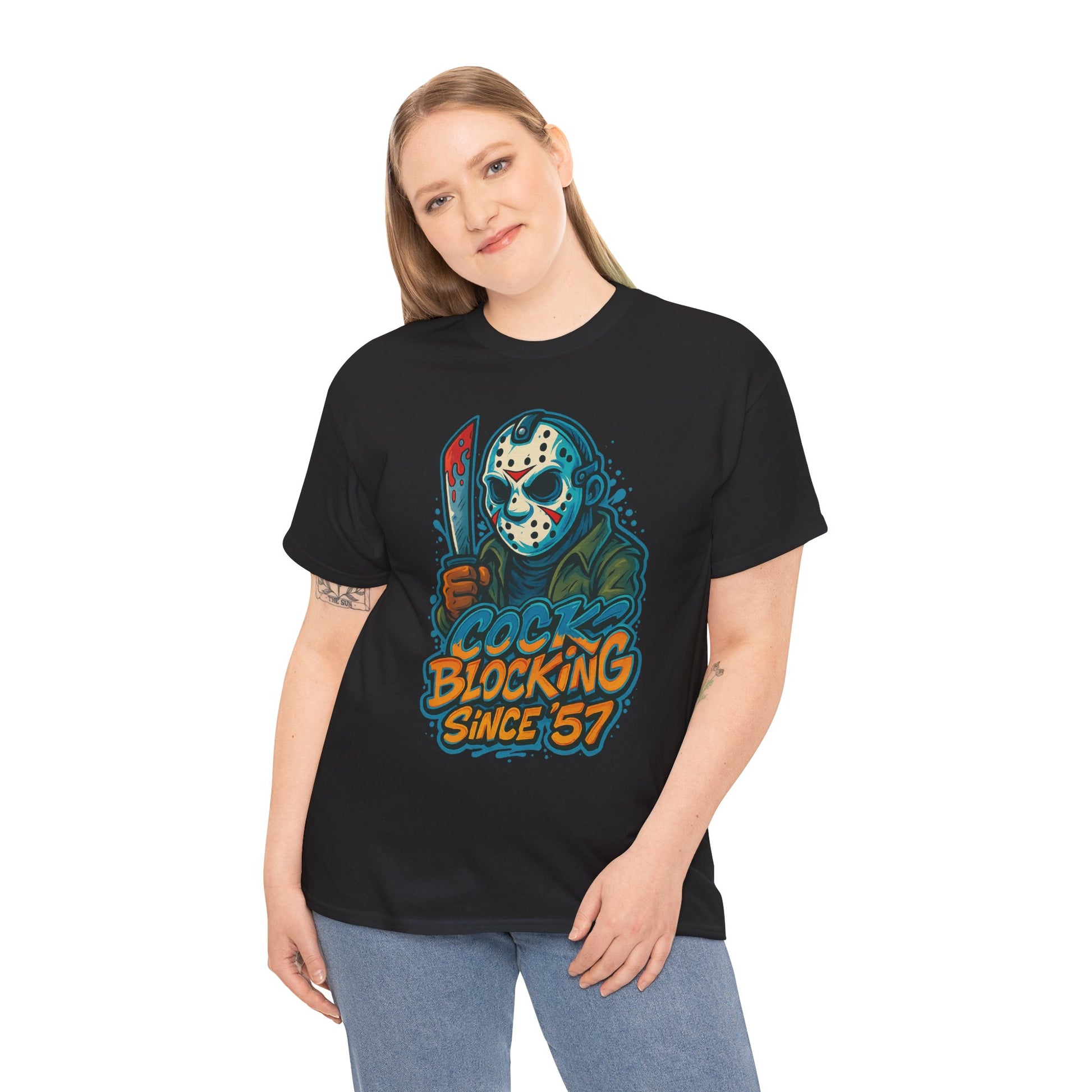 Jason Voorhees “Cock Blocking Since ’57” Funny Horror T-Shirt – Gildan 5000 | Slasher Meme Graphic Tee