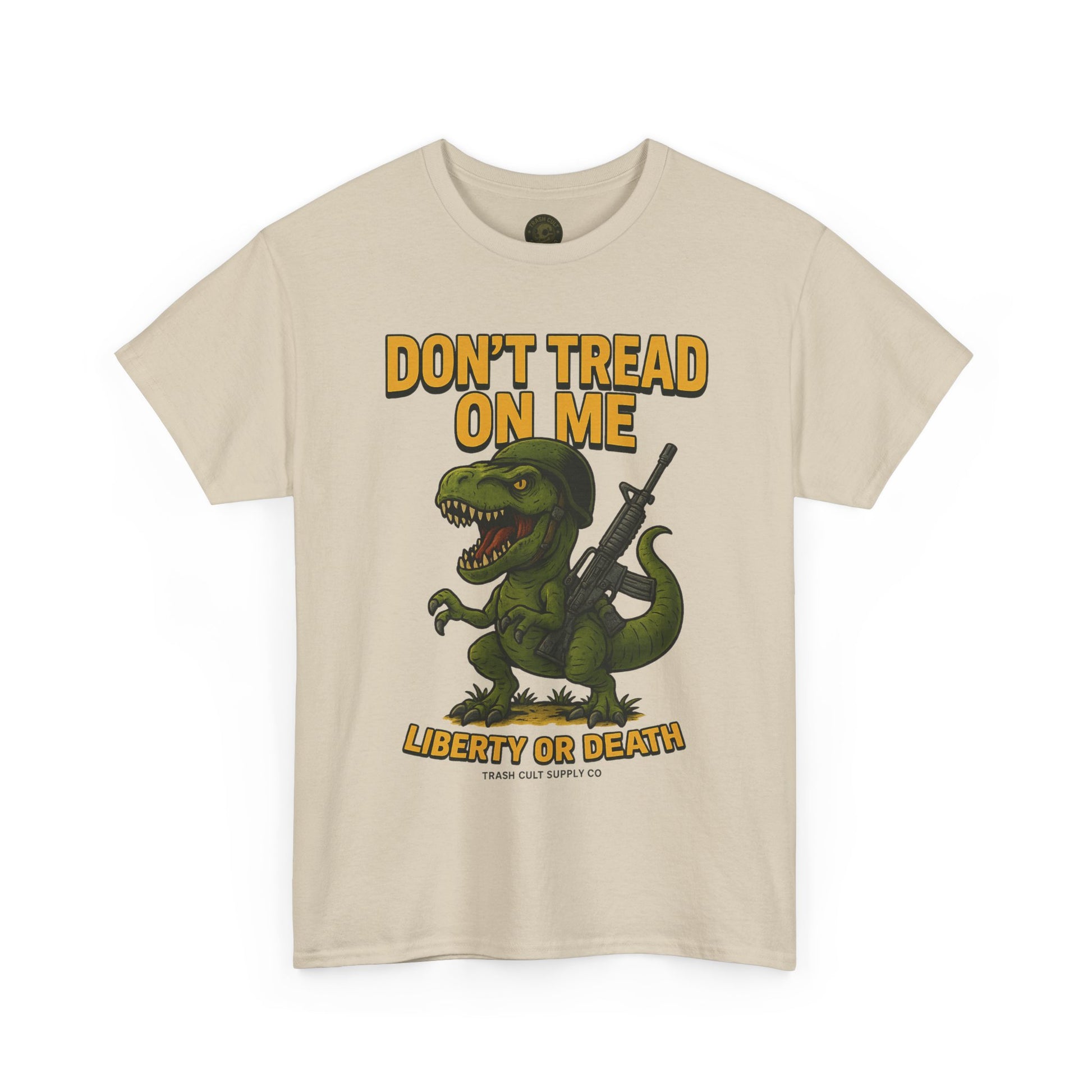 Don’t Tread On Me T-Rex T-Shirt – Liberty or Death Graphic | Trash Cult Supply Co. | Gildan 5000 Heavy Cotton