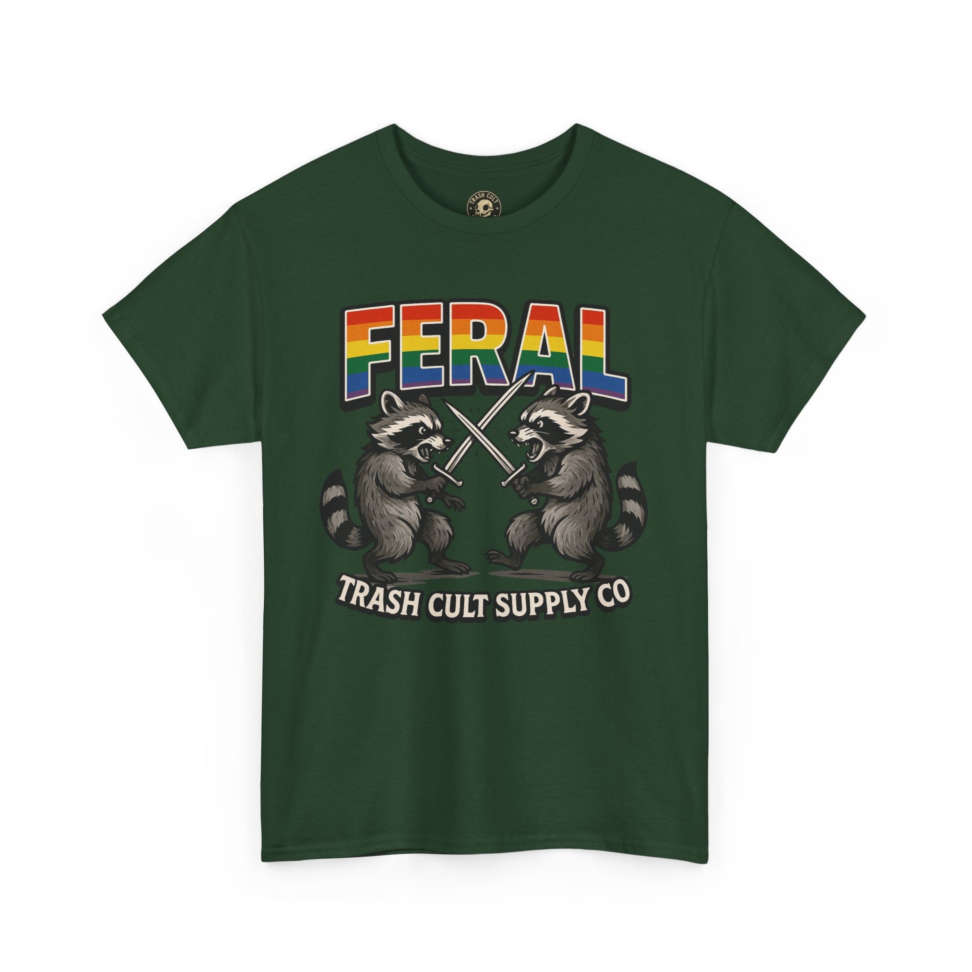 FERAL Rainbow Raccoon Sword Fighting Graphic Tee – Gildan 5000 Heavy Cotton