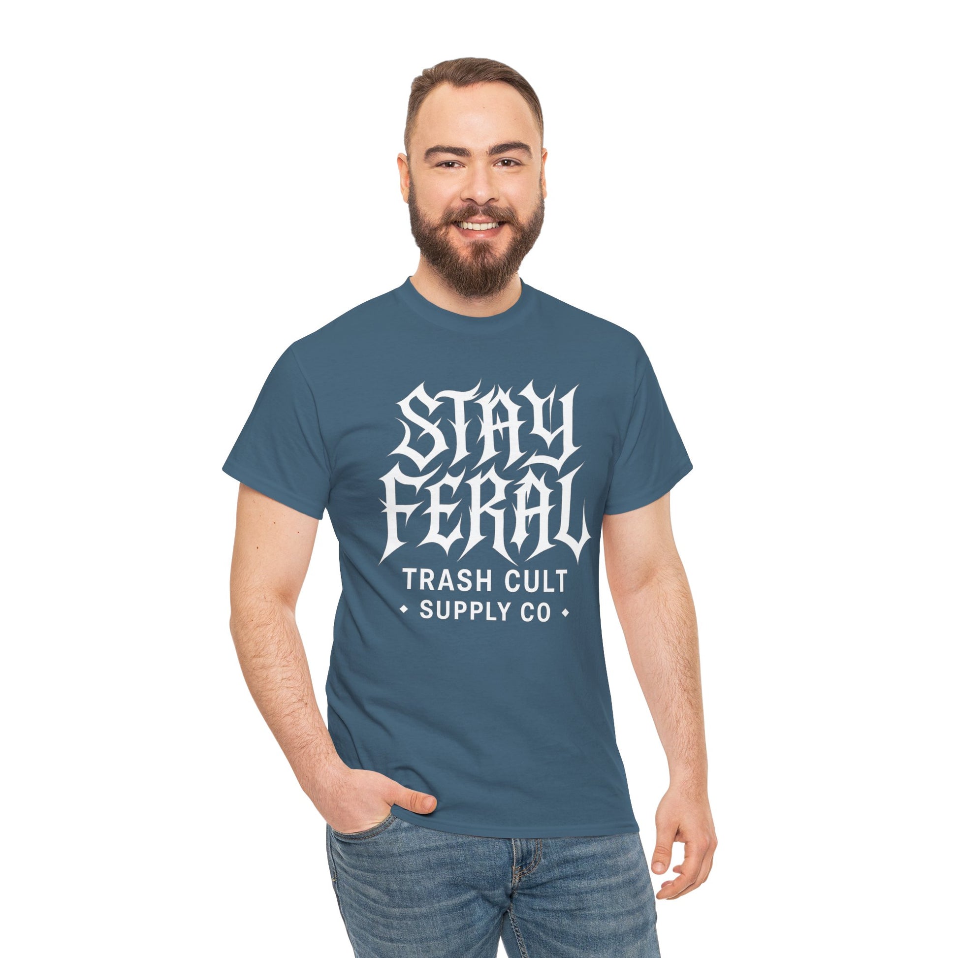 Unisex Heavy Cotton Tee - Stay Feral Graphic Tee, Streetwear Shirt, Gift for Wild Spirits, Eco-Friendly Casualwear, Summer Fashion