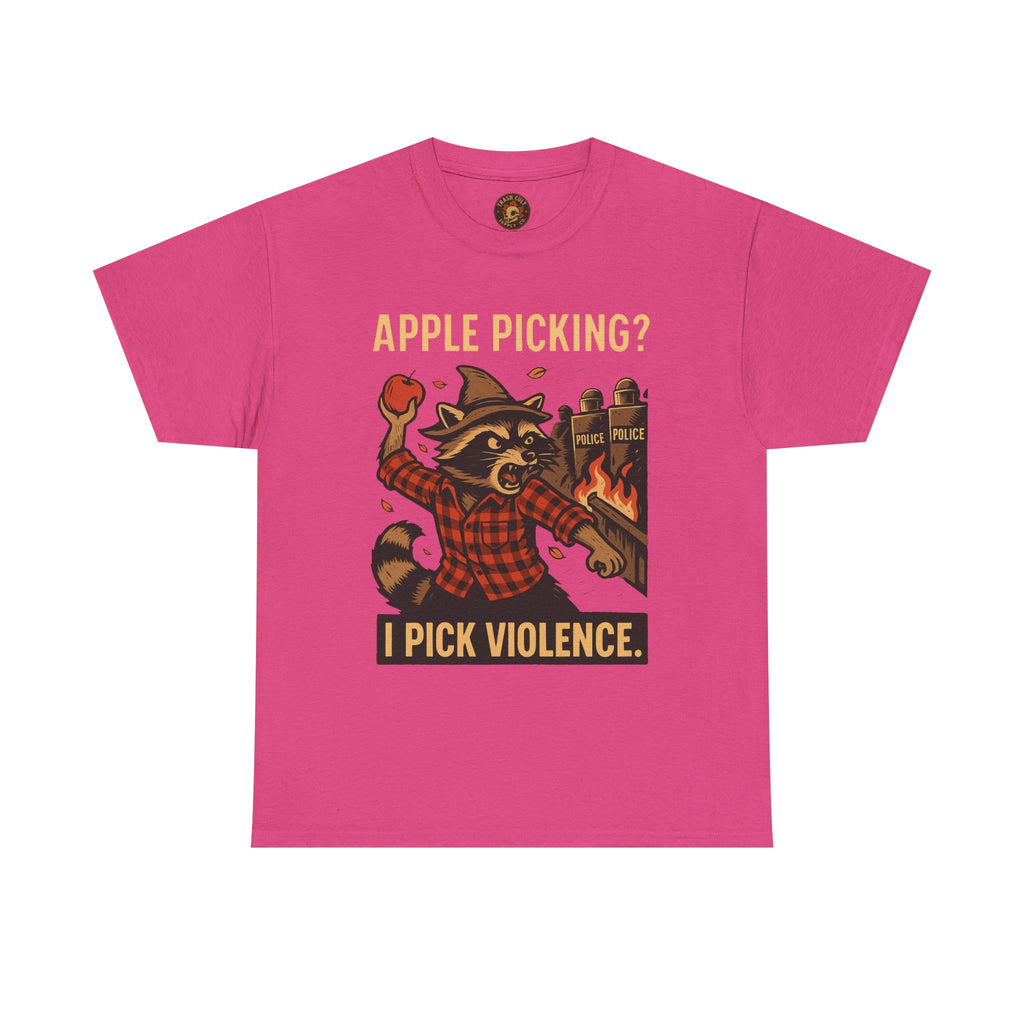 Apple Picking? I Pick Violence Shirt – Angry Raccoon Riot Tee – Fall of Humanity Collection – Trash Cult Supply Co.