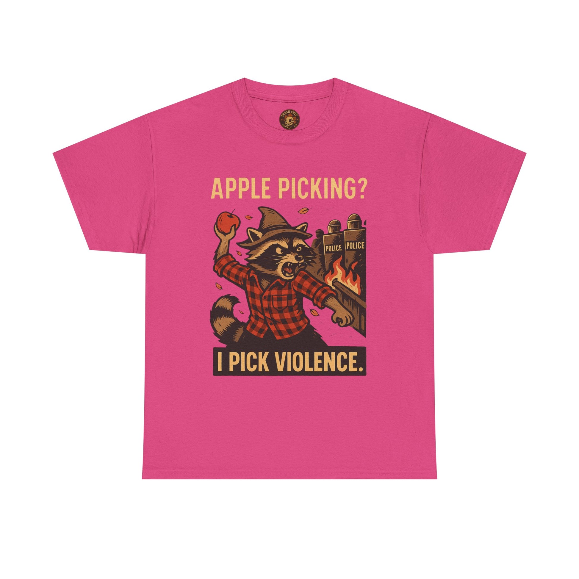 Apple Picking? I Pick Violence Shirt – Angry Raccoon Riot Tee – Fall of Humanity Collection – Trash Cult Supply Co.