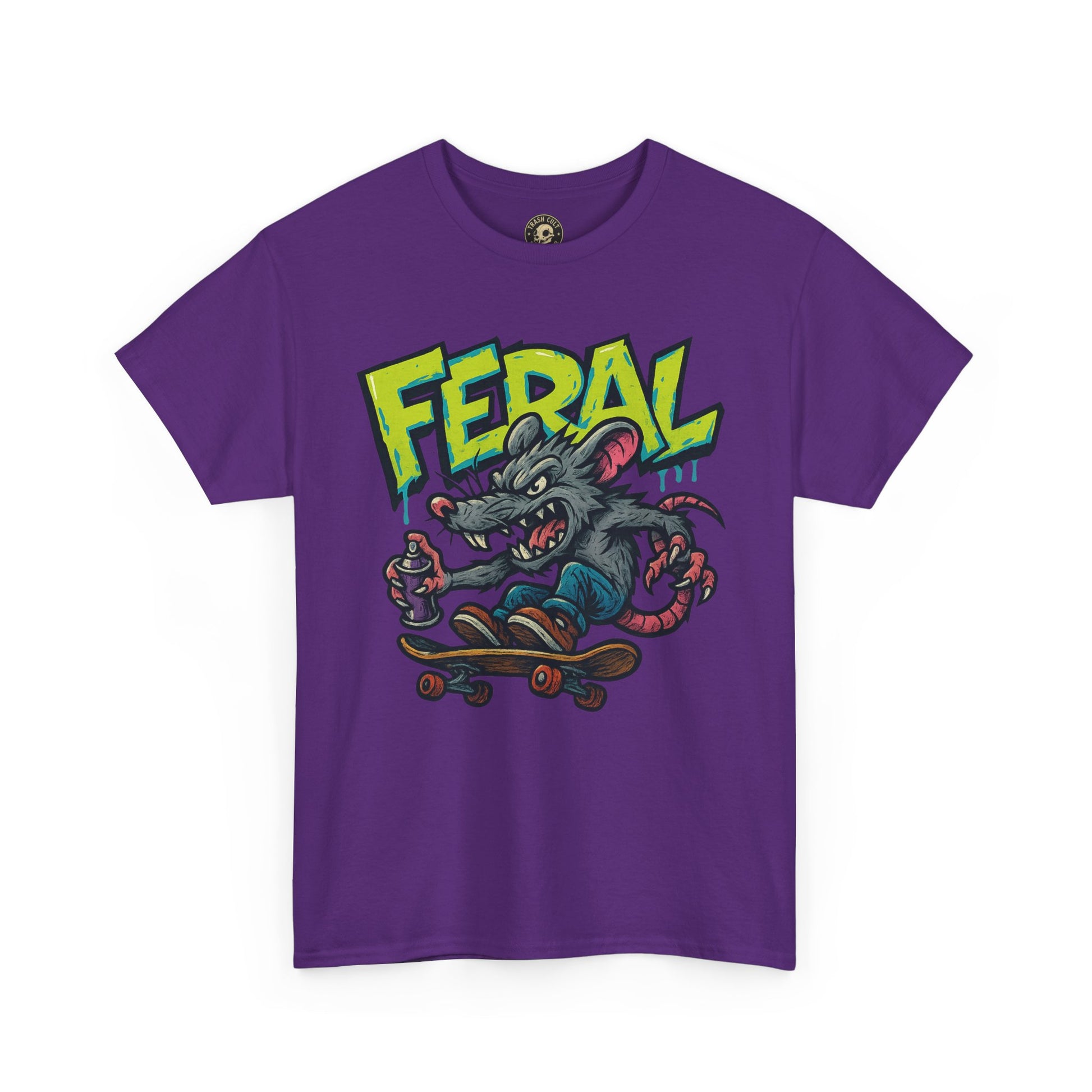 FERAL Graffiti Rat Skate Tee – Street Art Spray Can Mouse on Skateboard | Gildan 5000 Heavy Cotton Shirt