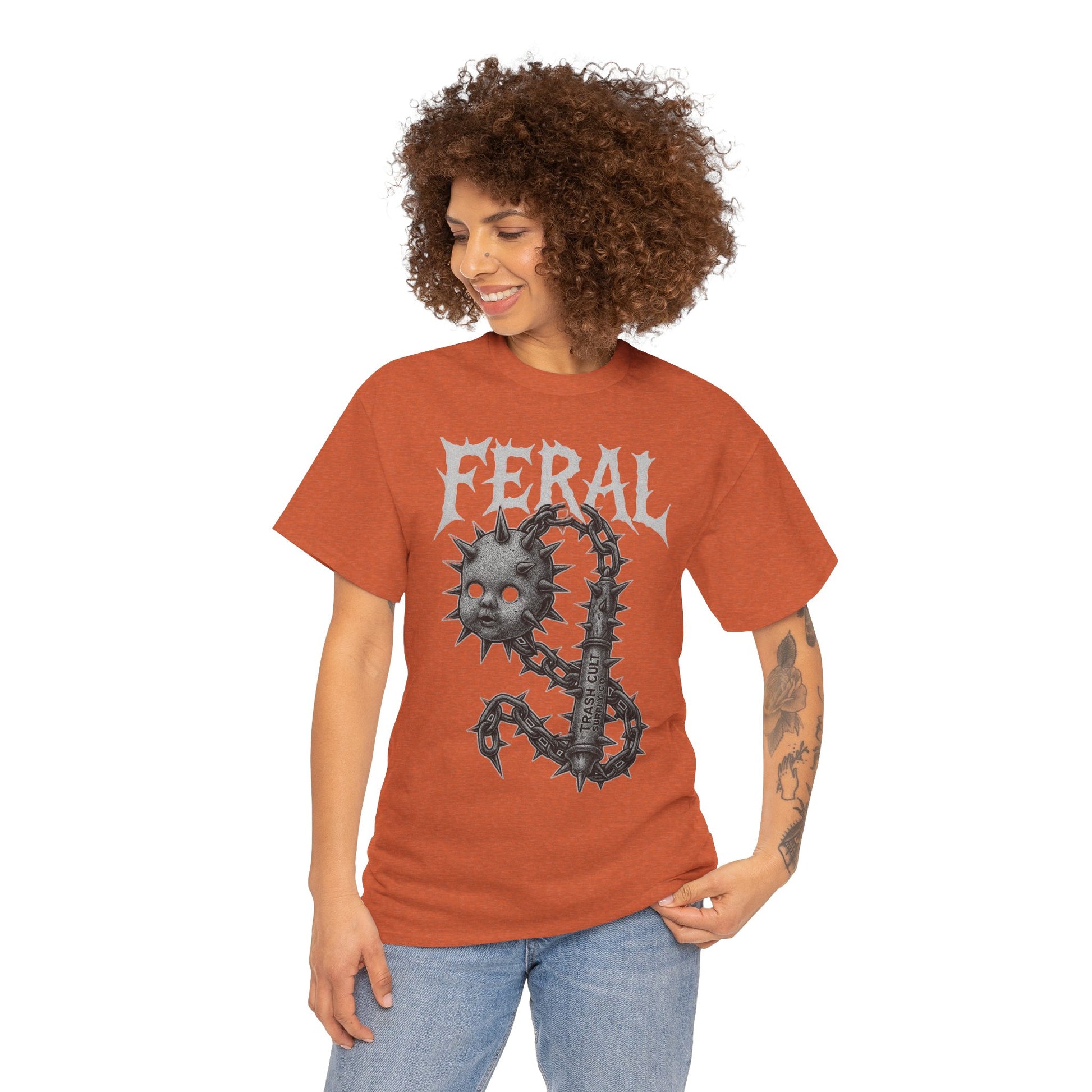 FERAL Spiked Doll Flail Tee – Halftone Gothic Weapon Shirt | Trash Cult Supply Co. | Gildan 5000