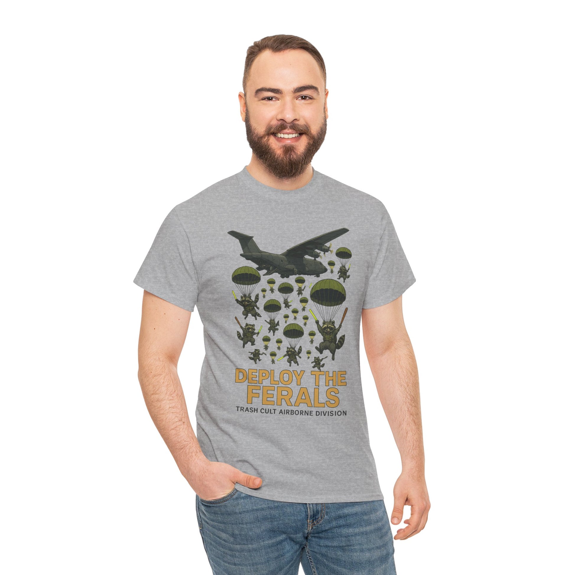 Deploy the Ferals T-Shirt – Airborne Raccoon Drop Graphic | Trash Cult Supply Co. | Gildan 5000 Heavy Cotton Tee