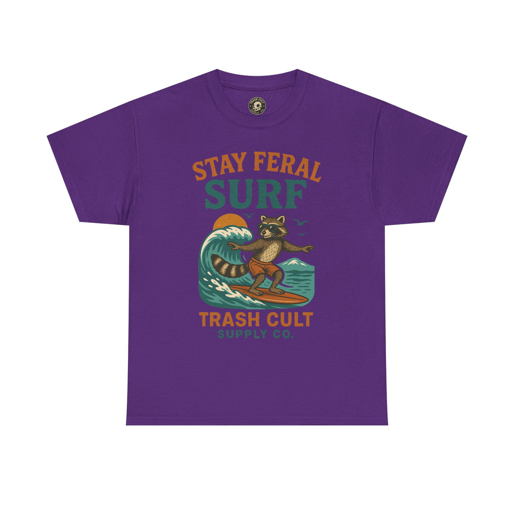 Stay Feral Surf Shirt – Retro Raccoon Beach Tee – Trash Cult Supply Co – Gildan 5000