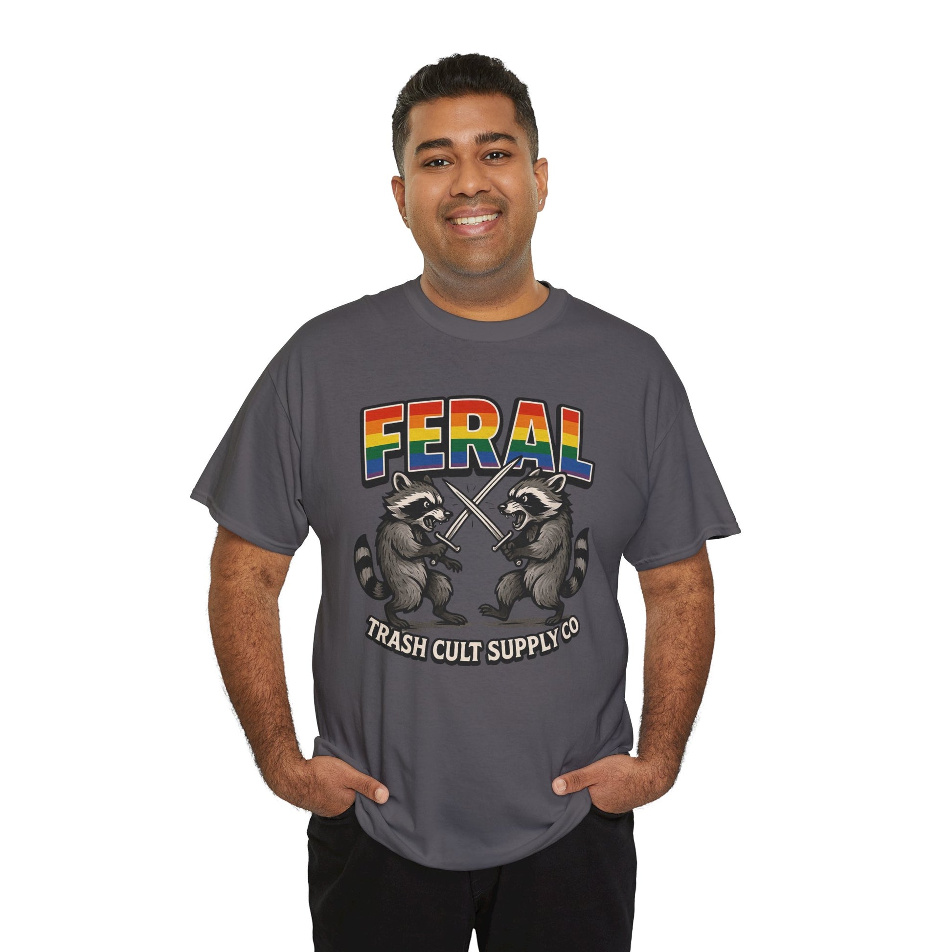 FERAL Rainbow Raccoon Sword Fighting Graphic Tee – Gildan 5000 Heavy Cotton