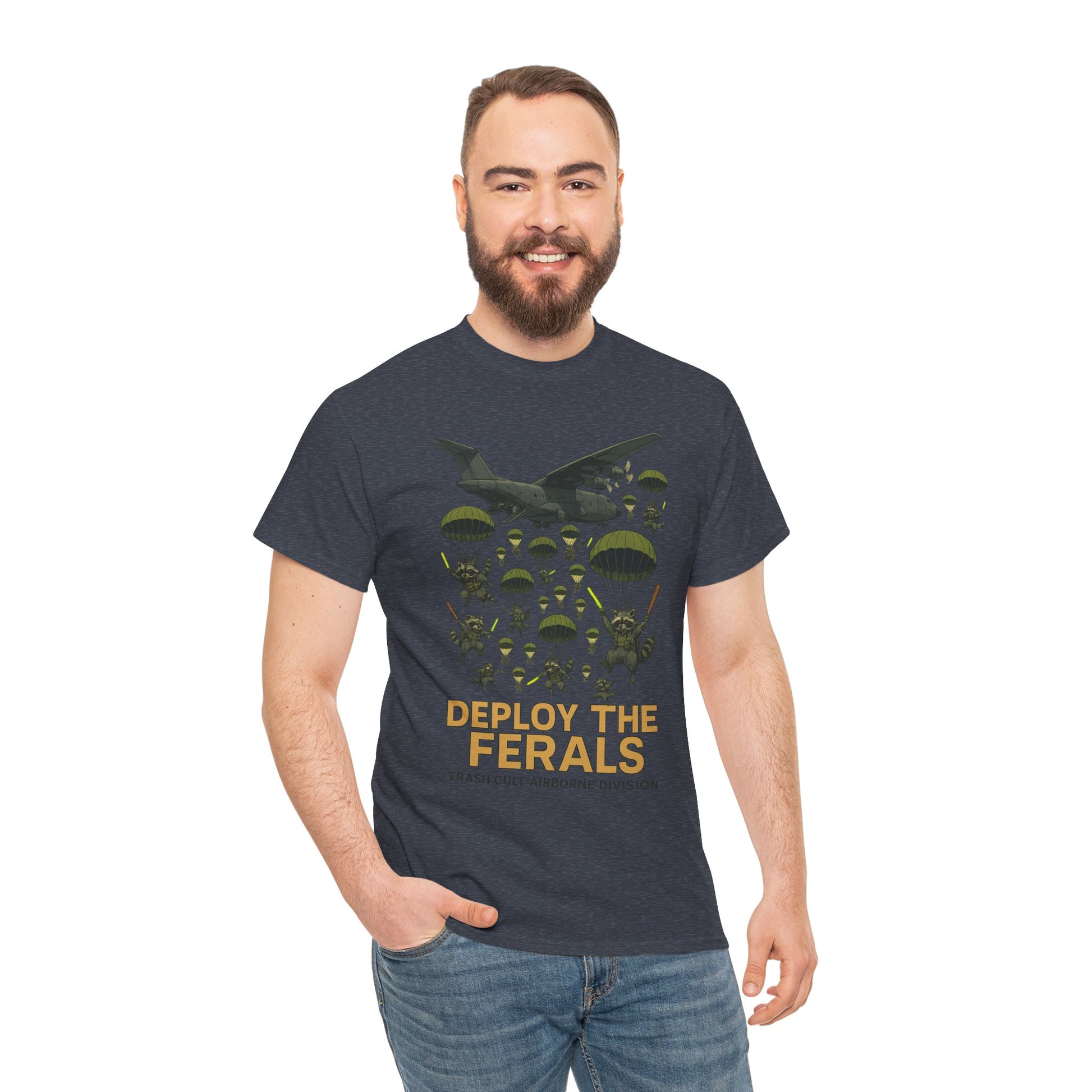 Deploy the Ferals T-Shirt – Airborne Raccoon Drop Graphic | Trash Cult Supply Co. | Gildan 5000 Heavy Cotton Tee