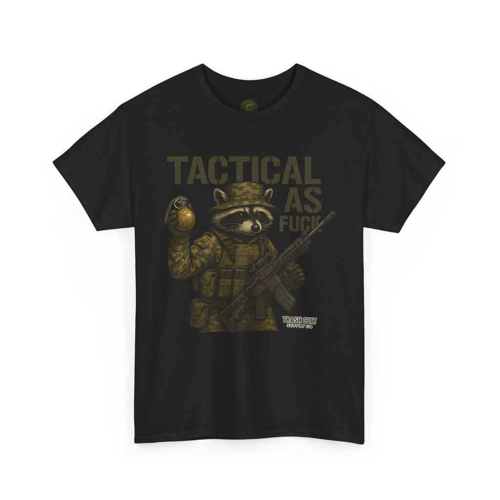 Tactical As F*** T-Shirt – Armed Raccoon Military Humor Tee | Trash Cult Supply Co. | Gildan 5000 Heavy Cotton