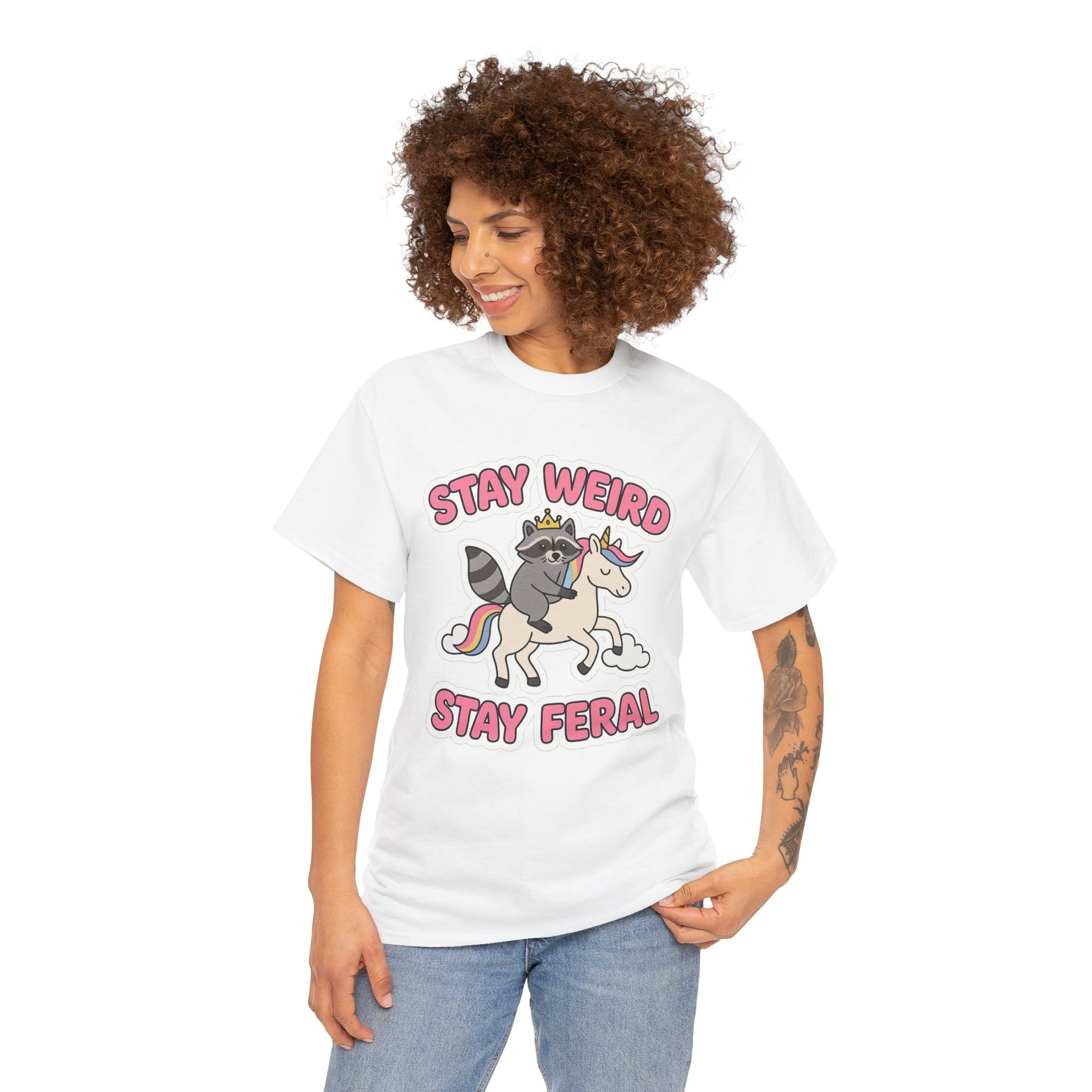 Stay Weird Stay Feral Shirt – Raccoon & Unicorn – High Visibility Gildan 5000 Tee
