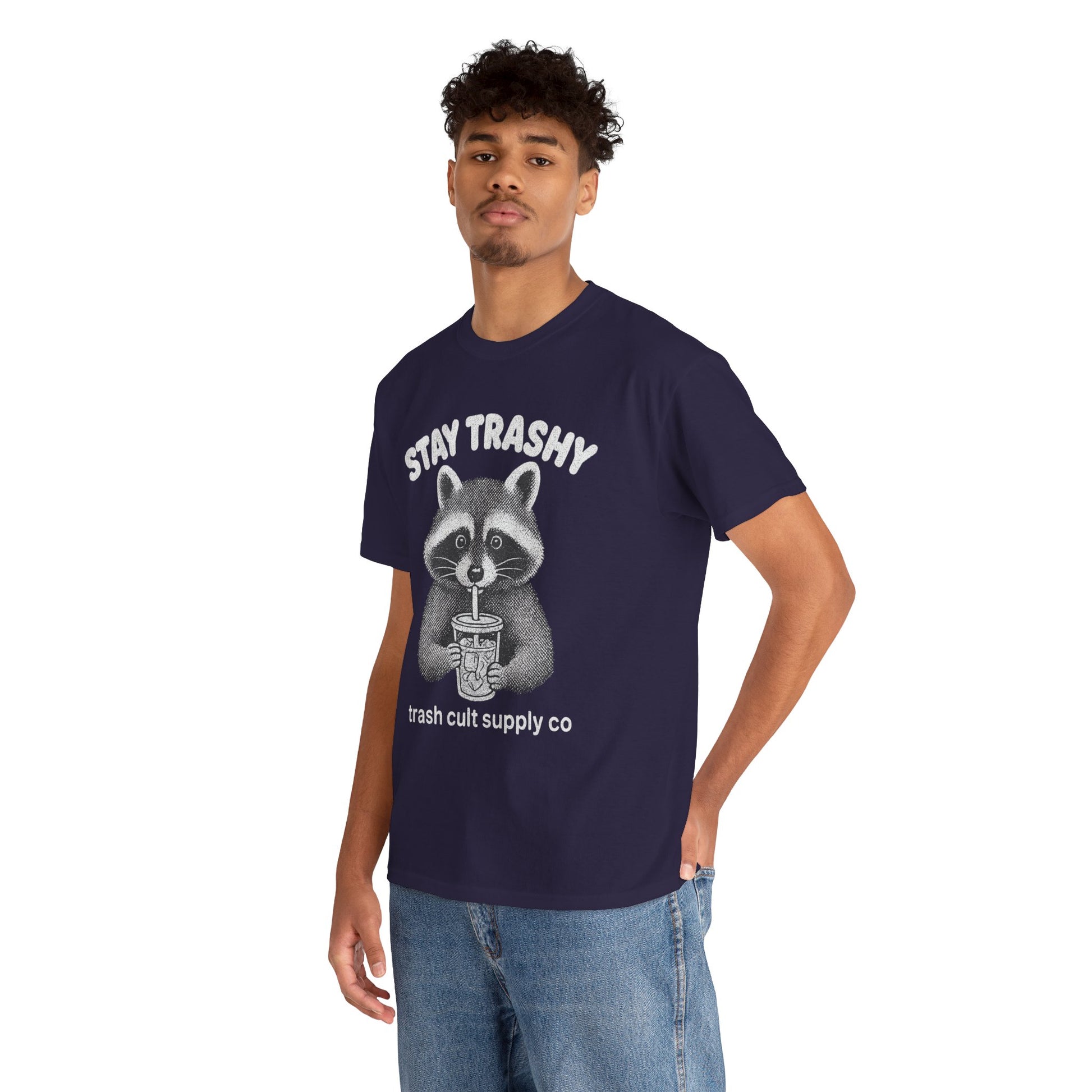 Stay Trashy Raccoon Iced Coffee Shirt – Halftone All White Design | Trash Cult Supply Co.