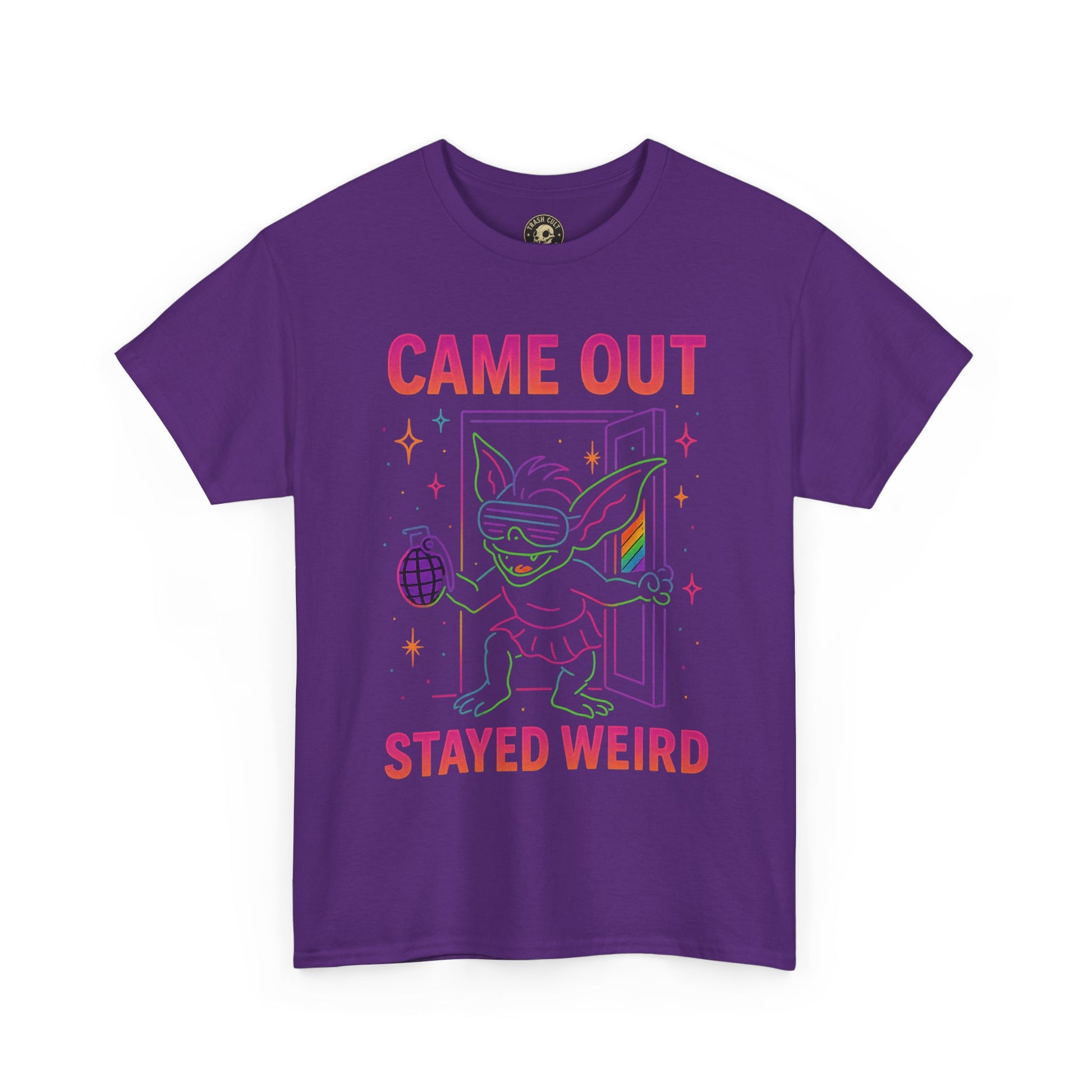 Came Out, Stayed Weird – Neon Gremlin Pride T-Shirt | Gildan Unisex Heavy Cotton Tee | LGBTQ+ Graphic Shirt
