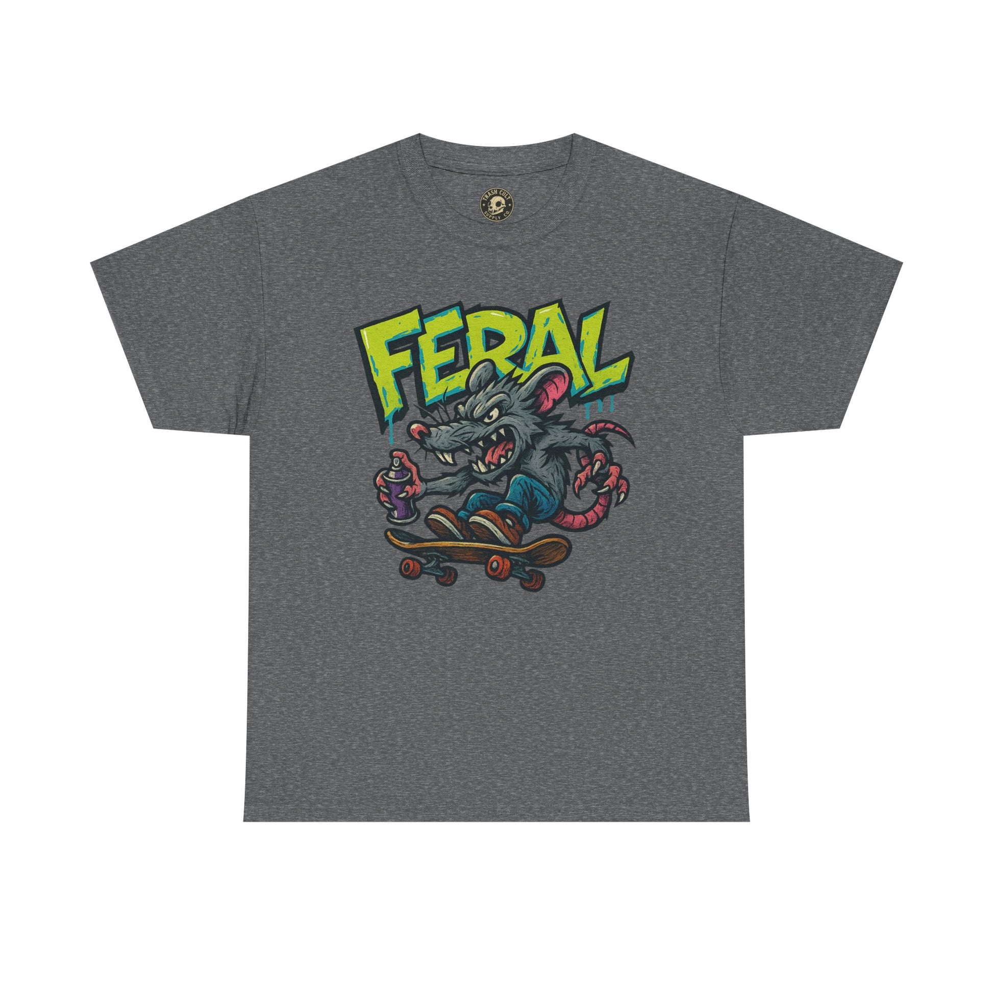 FERAL Graffiti Rat Skate Tee – Street Art Spray Can Mouse on Skateboard | Gildan 5000 Heavy Cotton Shirt