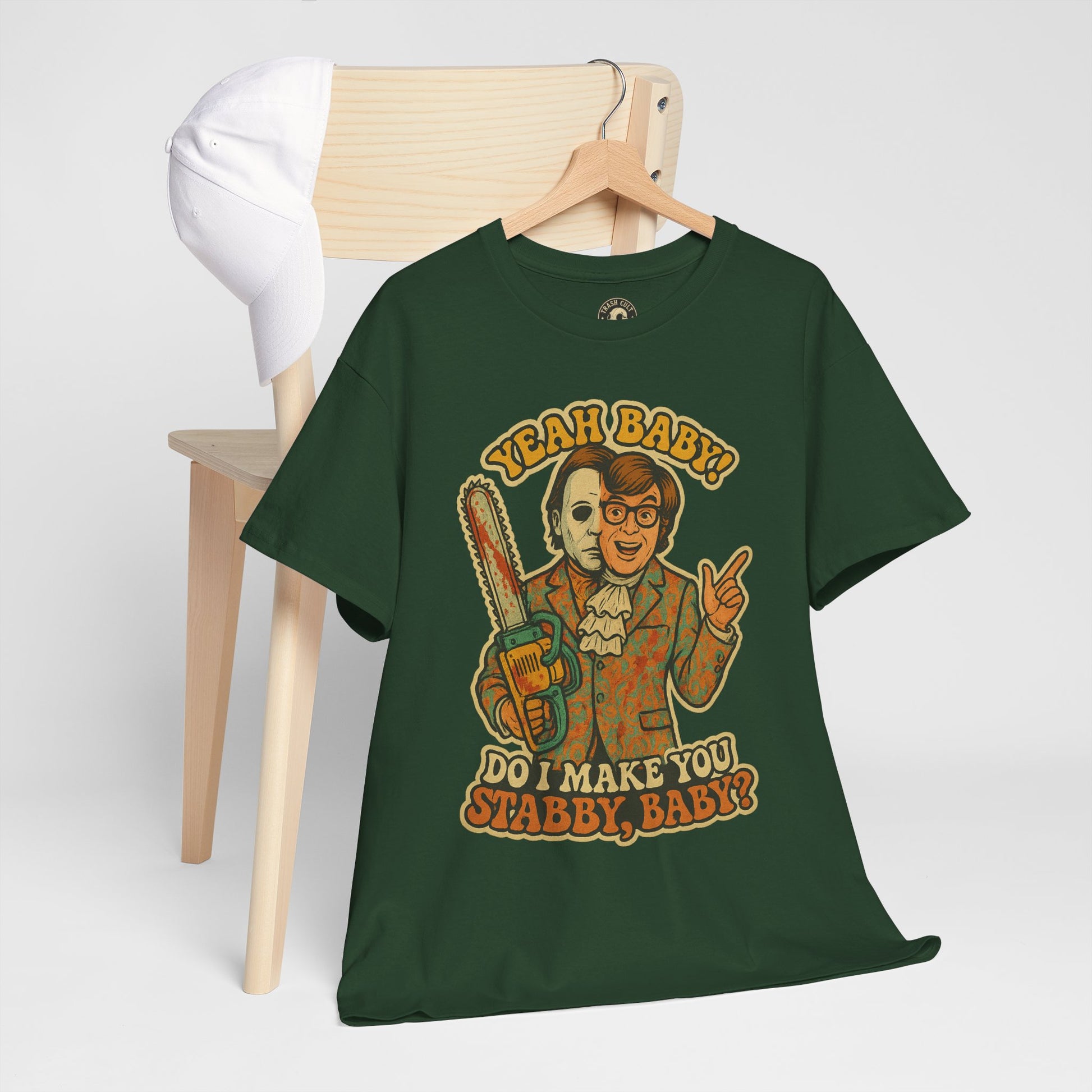 Mike Myers Parody Shirt – “Do I Make You Stabby, Baby?” Funny Horror Mashup Tee – Gildan 5000 Unisex