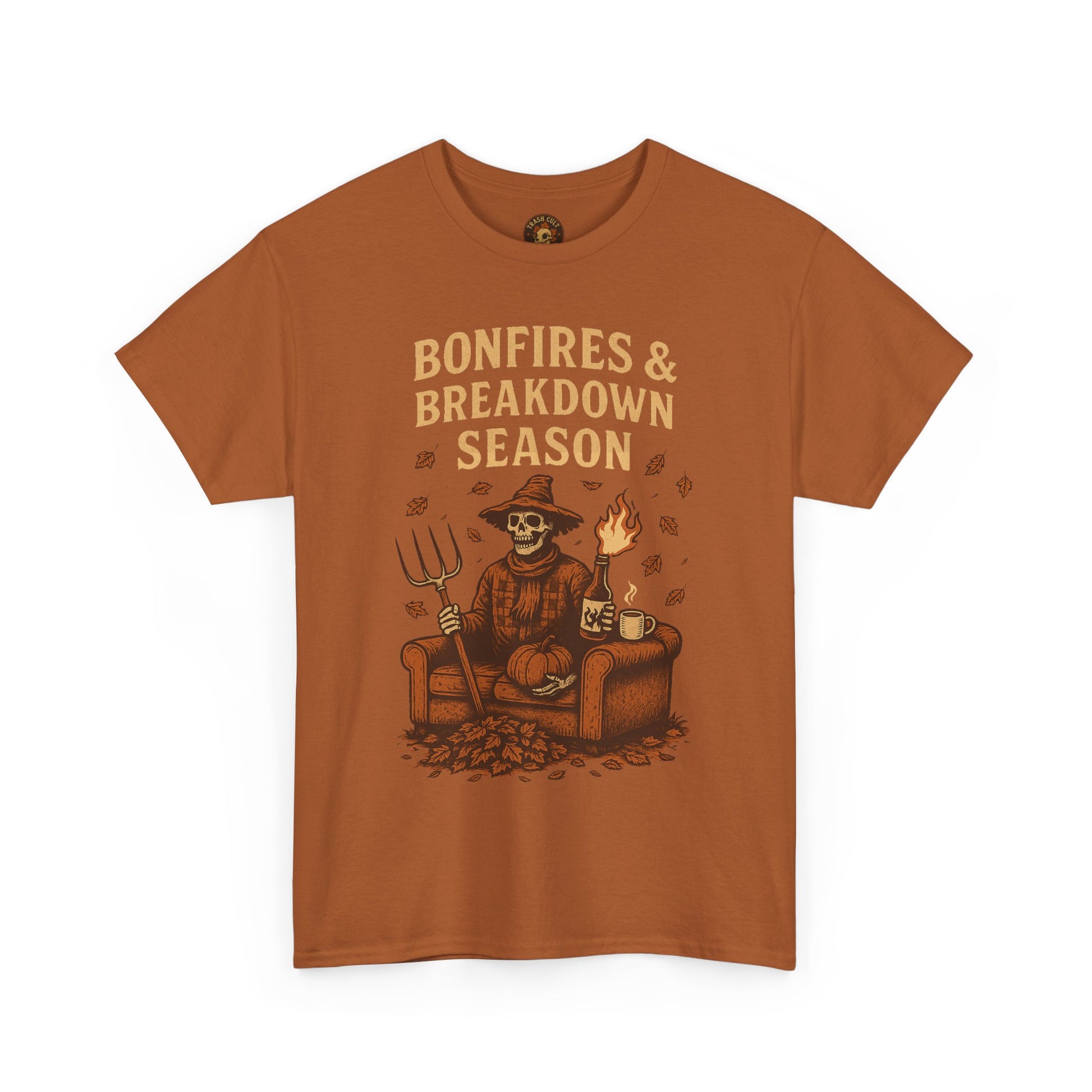 Bonfires & Breakdown Season Shirt – Skeleton Couch Chaos Tee – Fall of Humanity Collection – Trash Cult Supply Co.
