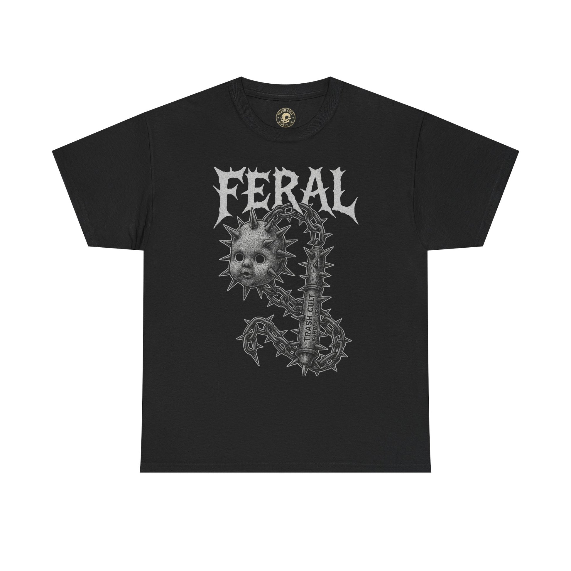 FERAL Spiked Doll Flail Tee – Halftone Gothic Weapon Shirt | Trash Cult Supply Co. | Gildan 5000