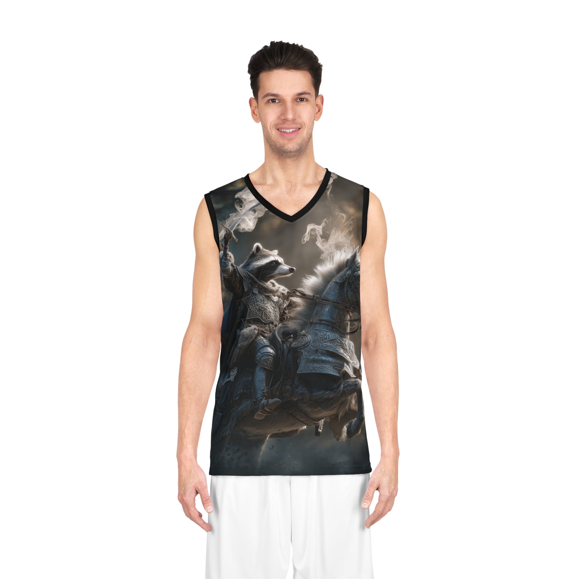Fantasy Raccoon Knight Basketball Jersey, Unique Sports Apparel, AOP Athletic Wear, Gift for Gamers, Fun Sportswear for Events