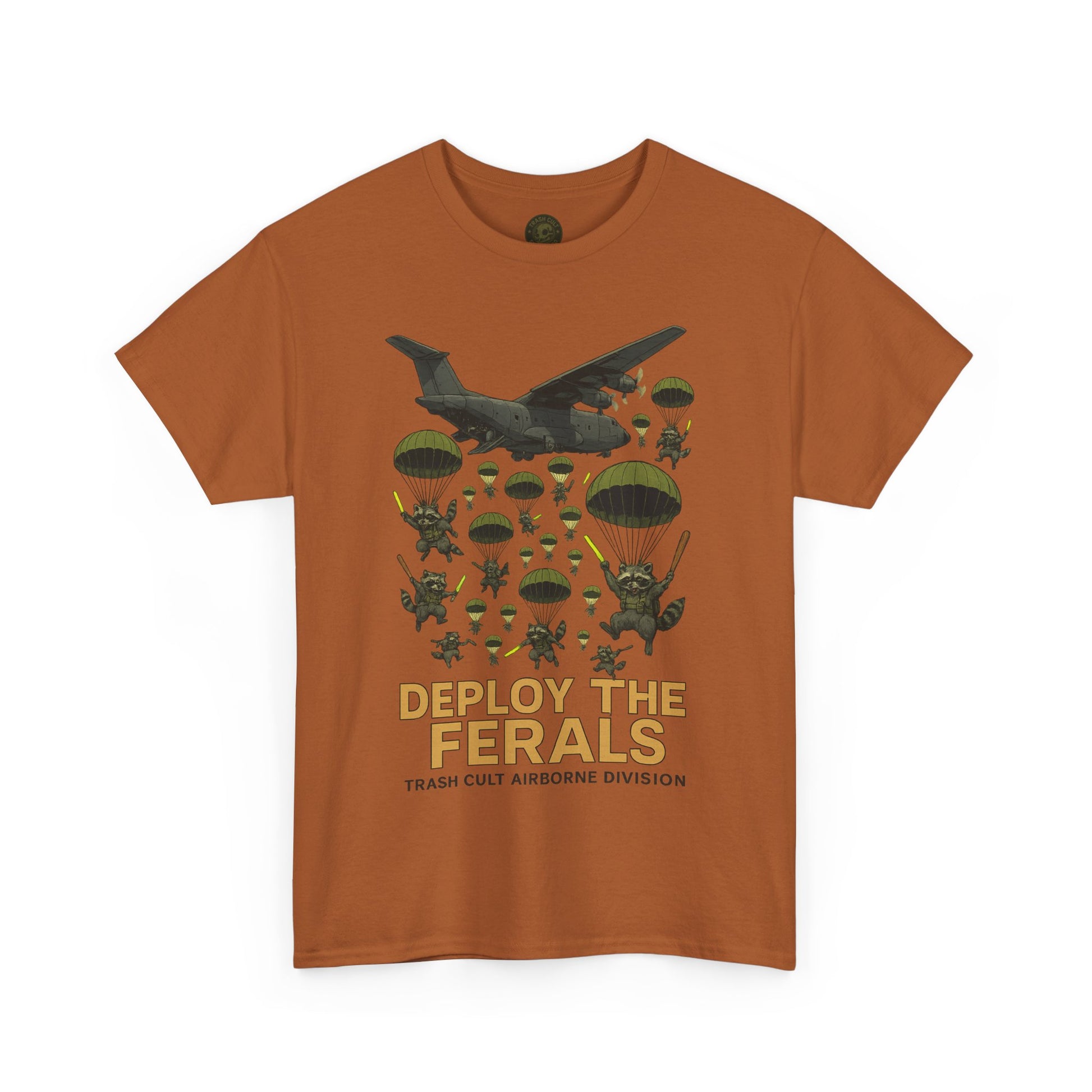 Deploy the Ferals T-Shirt – Airborne Raccoon Drop Graphic | Trash Cult Supply Co. | Gildan 5000 Heavy Cotton Tee