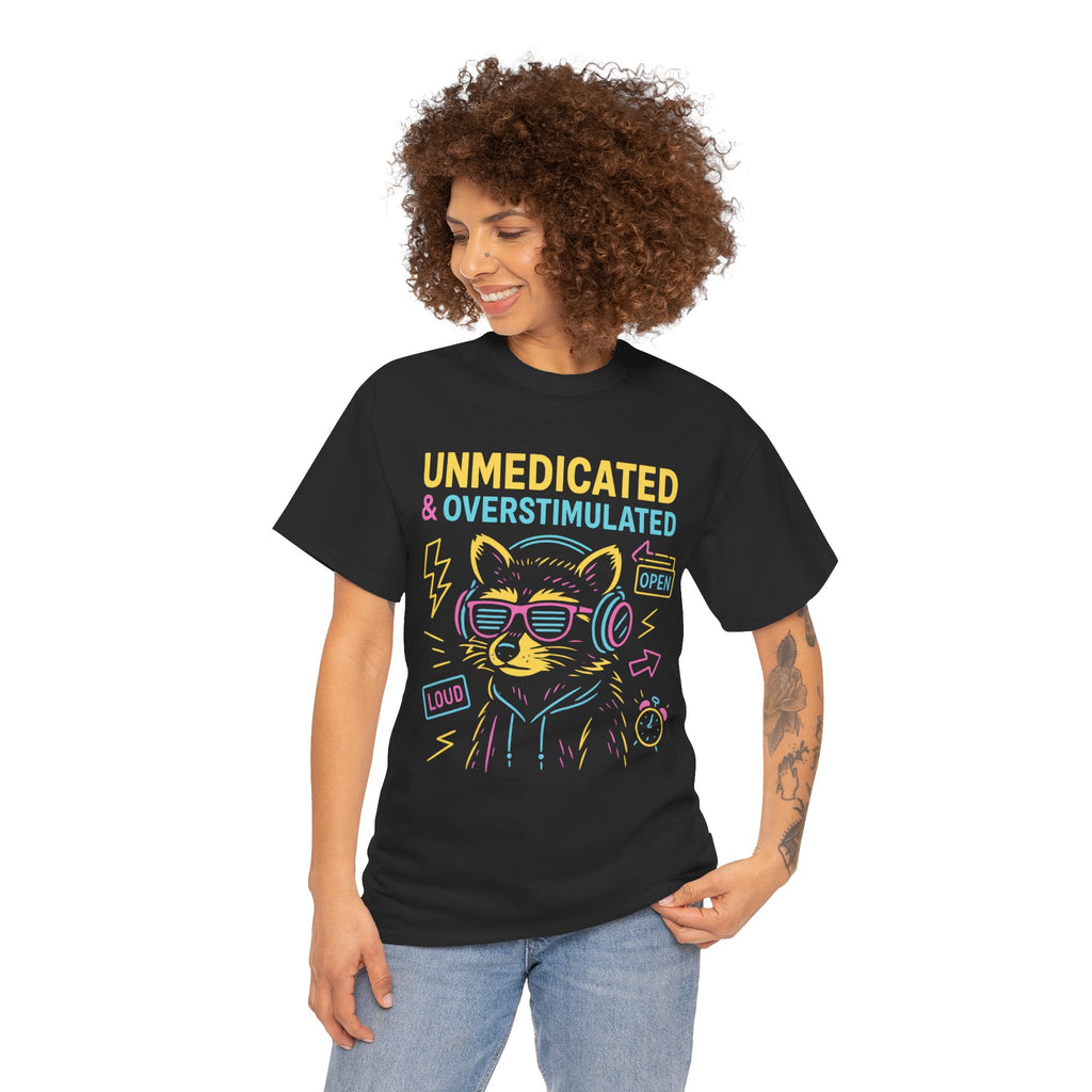 Unmedicated & Overstimulated Neon Raccoon ADHD Shirt – Trash Cult Supply Co. – Gildan 5000