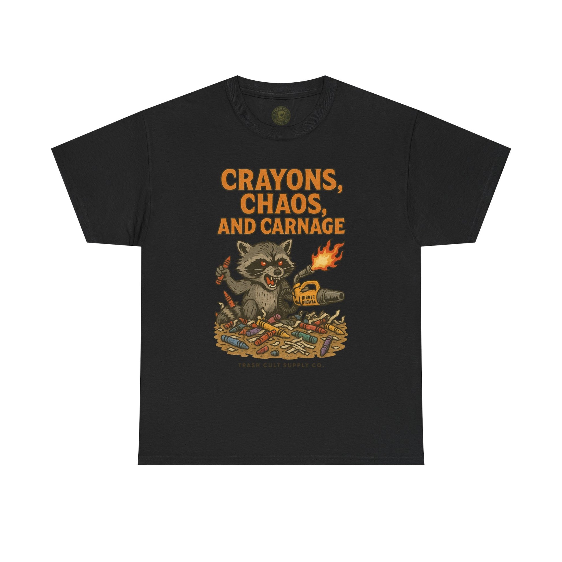 Crayons, Chaos, and Carnage T-Shirt – Dark Humor Raccoon Graphic | Trash Cult Supply Co. | Gildan 5000 Tee