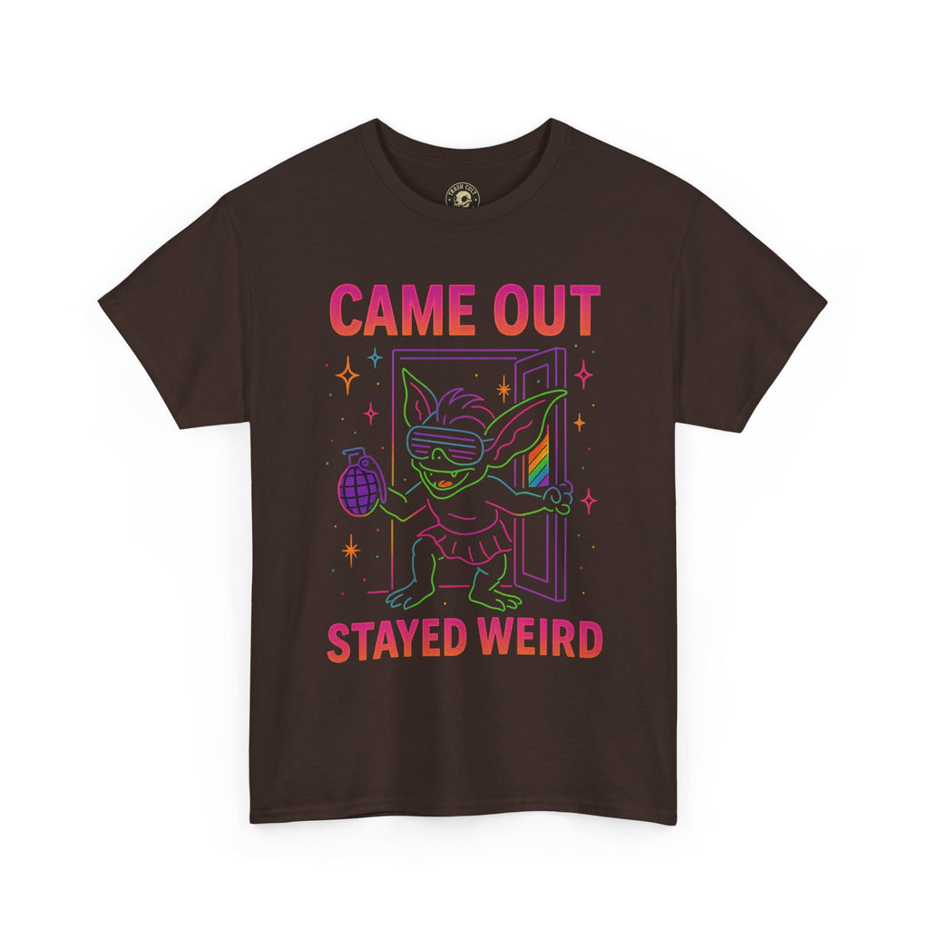 Came Out, Stayed Weird – Neon Gremlin Pride T-Shirt | Gildan Unisex Heavy Cotton Tee | LGBTQ+ Graphic Shirt