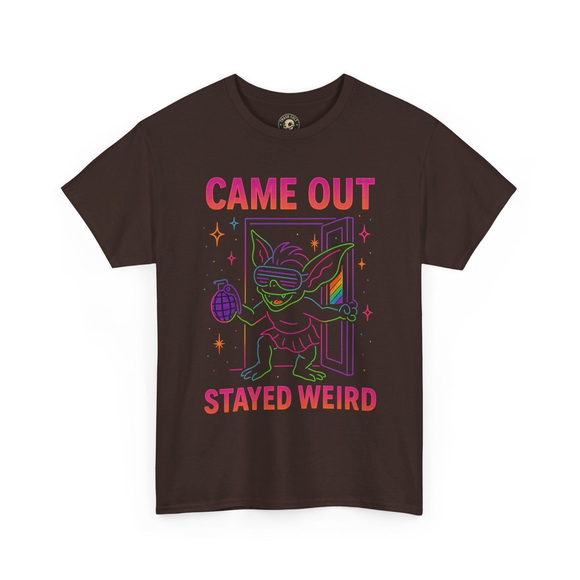 Came Out, Stayed Weird – Neon Gremlin Pride T-Shirt | Gildan Unisex Heavy Cotton Tee | LGBTQ+ Graphic Shirt