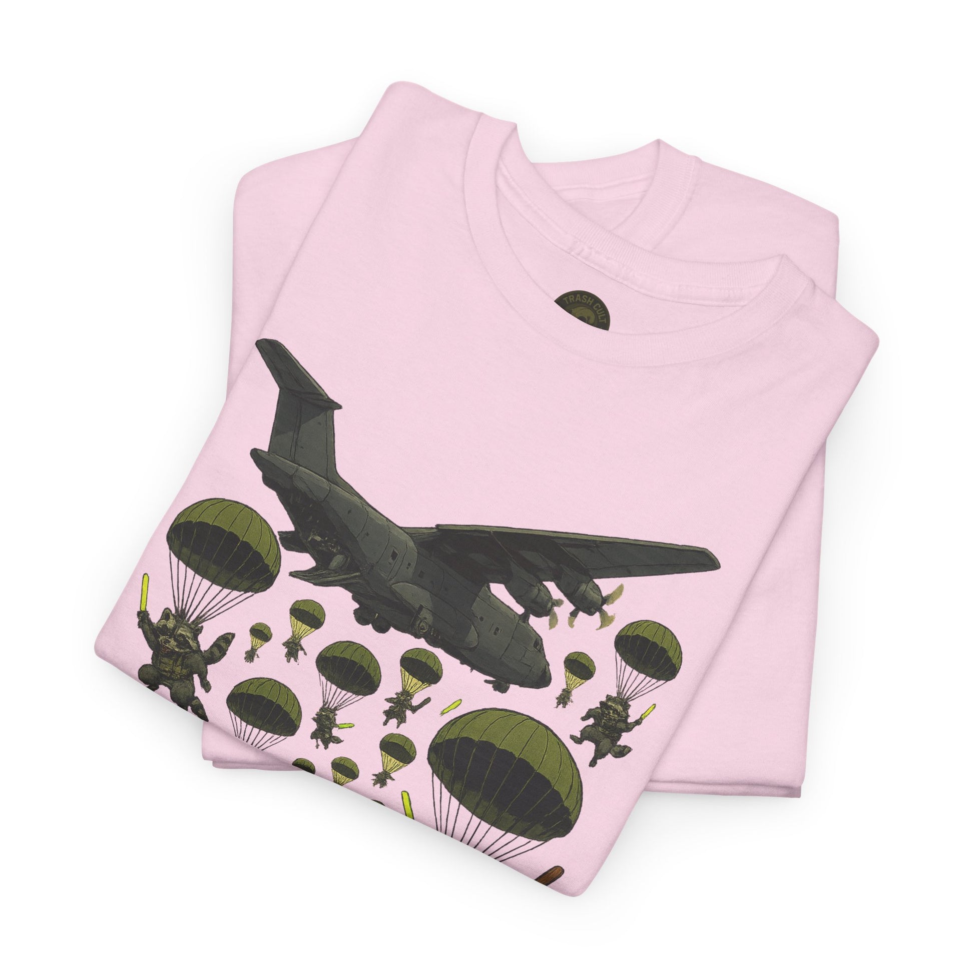 Deploy the Ferals T-Shirt – Airborne Raccoon Drop Graphic | Trash Cult Supply Co. | Gildan 5000 Heavy Cotton Tee