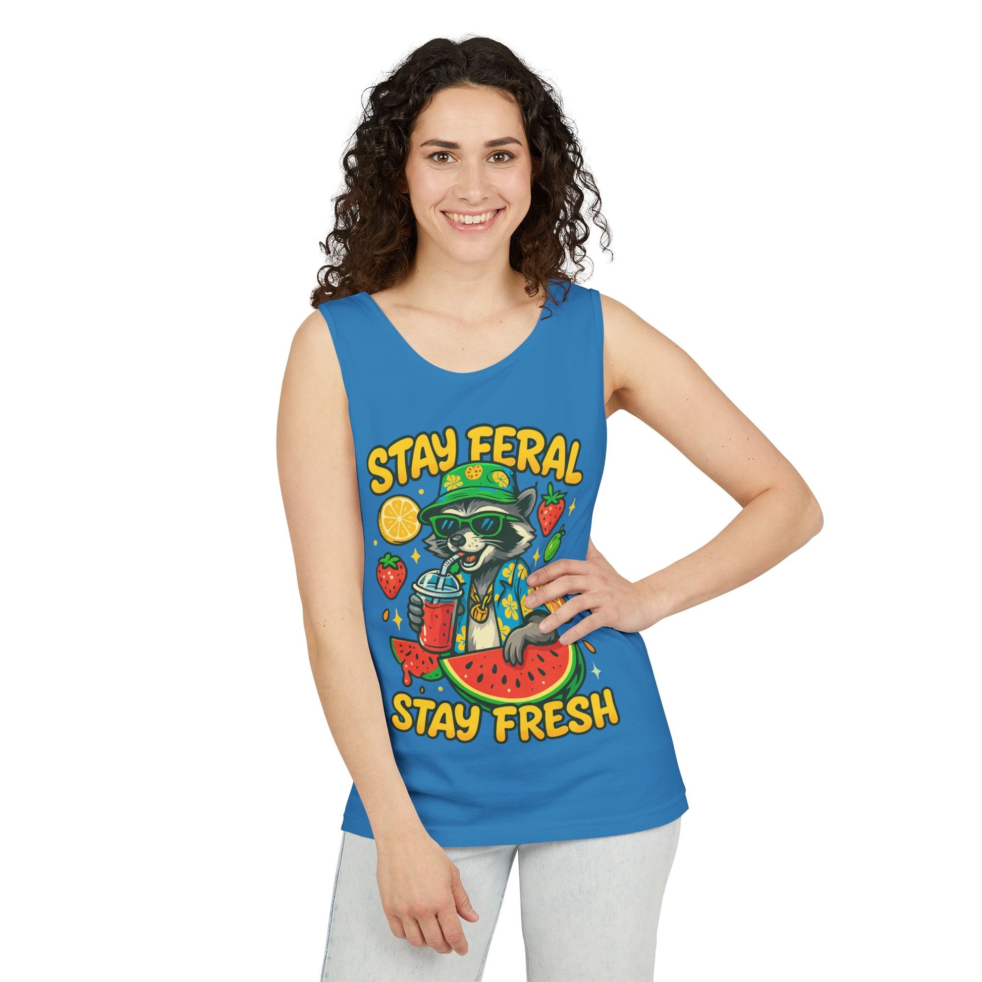 Stay Feral Stay Fresh Tank Top, Summer Apparel, Unisex Graphic Tee, Beachwear, Fun Gift for Animal Lovers