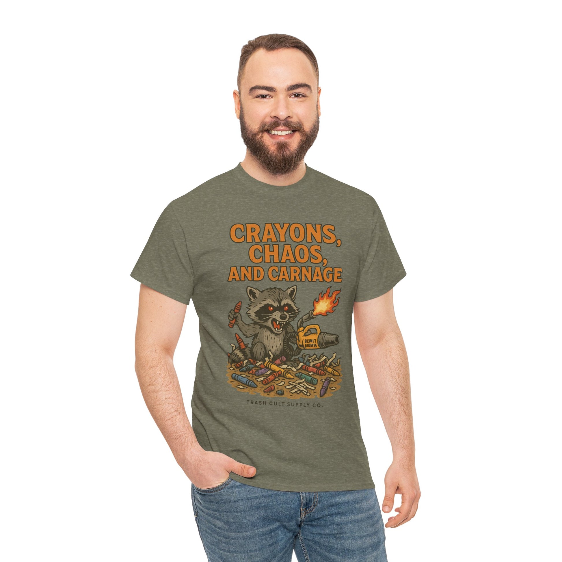 Crayons, Chaos, and Carnage T-Shirt – Dark Humor Raccoon Graphic | Trash Cult Supply Co. | Gildan 5000 Tee