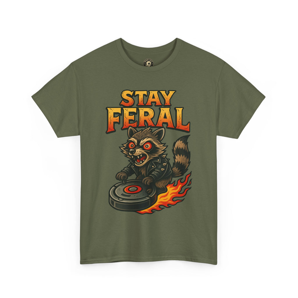 Stay Feral Roomba Raccoon T-Shirt – Bold New School Tattoo Style | Trash Cult Supply Co