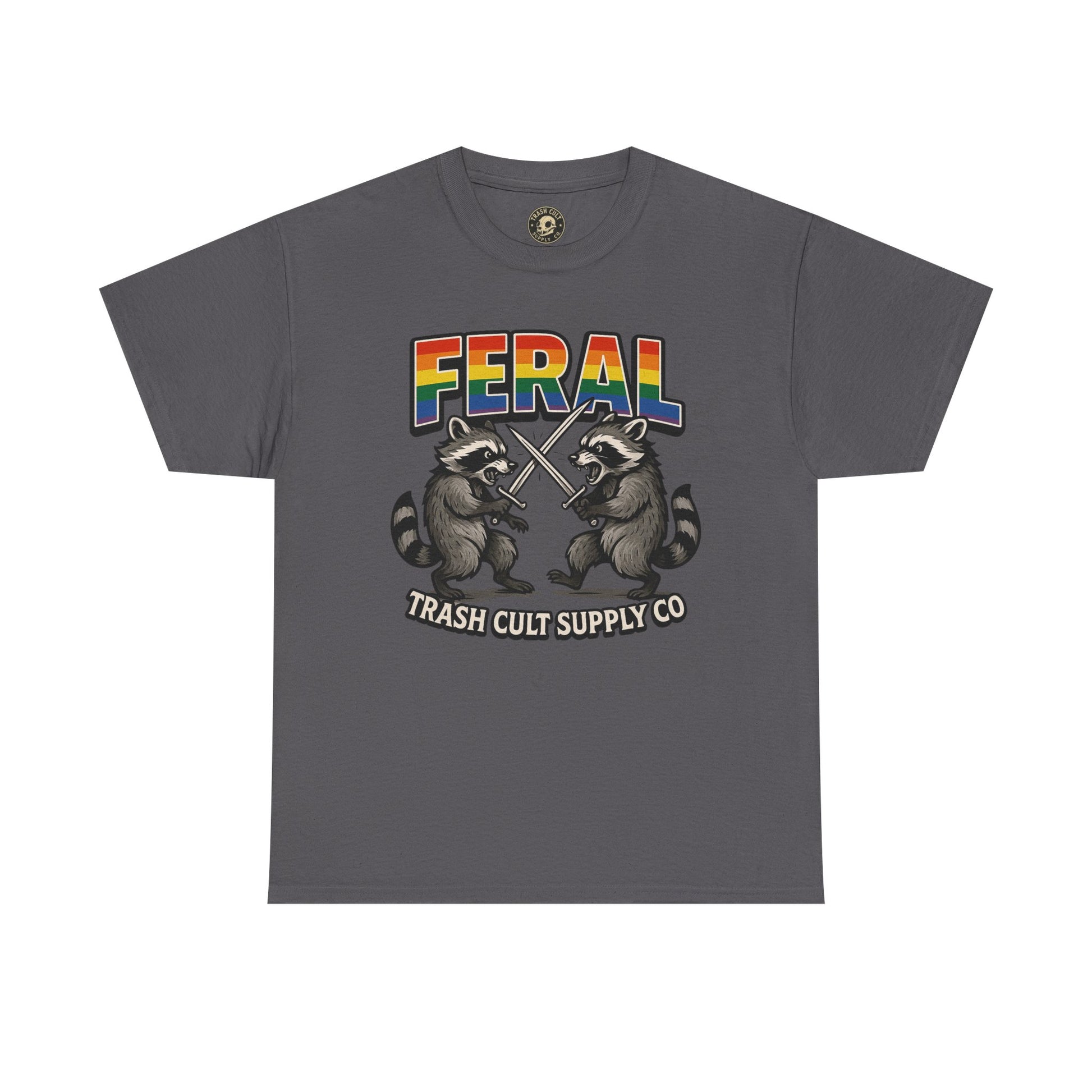 FERAL Rainbow Raccoon Sword Fighting Graphic Tee – Gildan 5000 Heavy Cotton