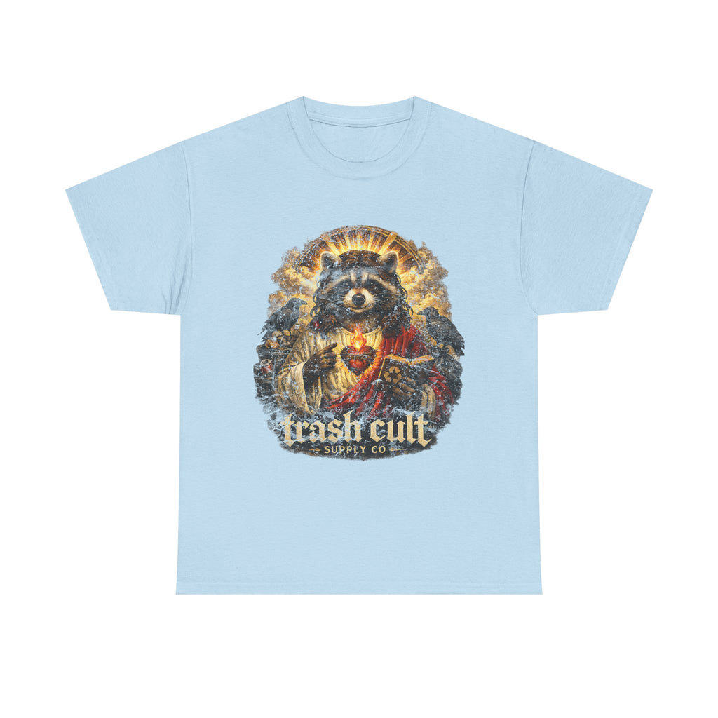 Raccoon Saint Graphic Tee — “Trash Cult” Vintage Devotional Design