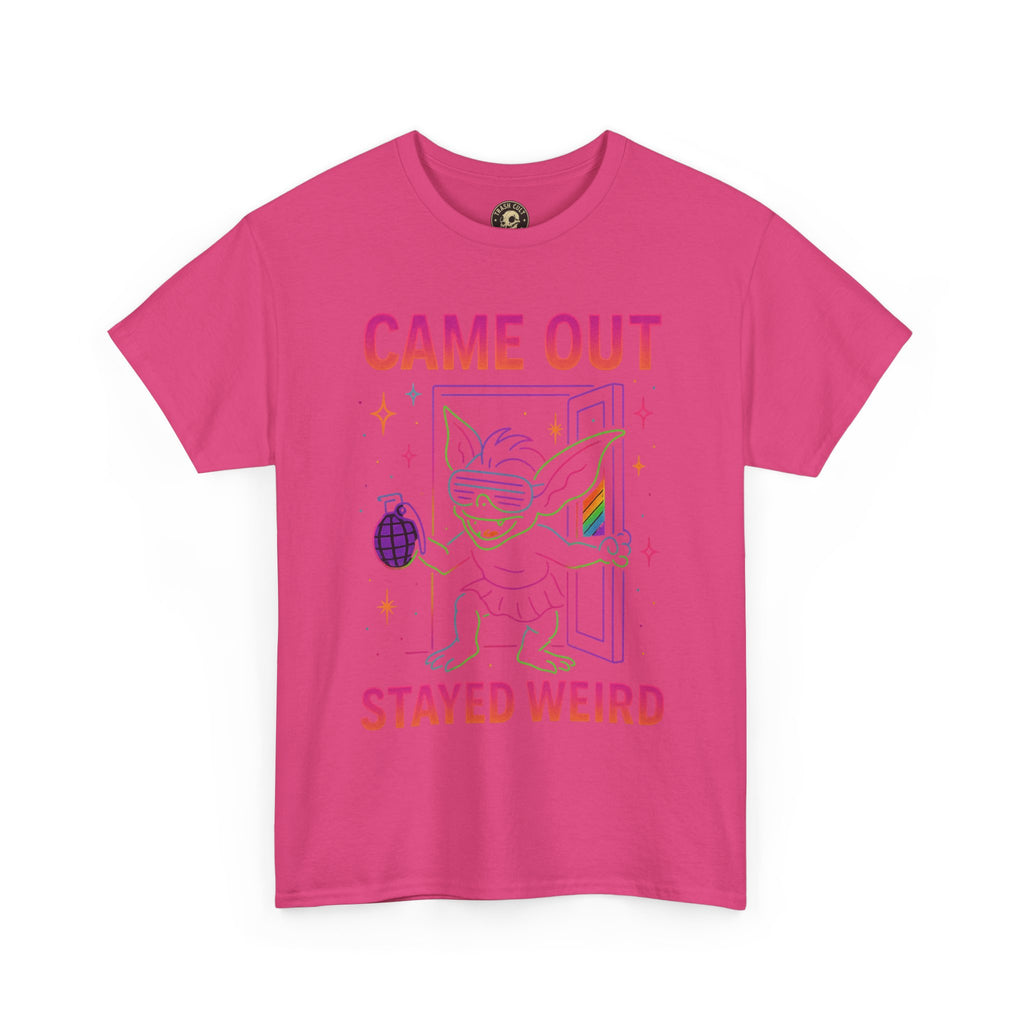Came Out, Stayed Weird – Neon Gremlin Pride T-Shirt | Gildan Unisex Heavy Cotton Tee | LGBTQ+ Graphic Shirt
