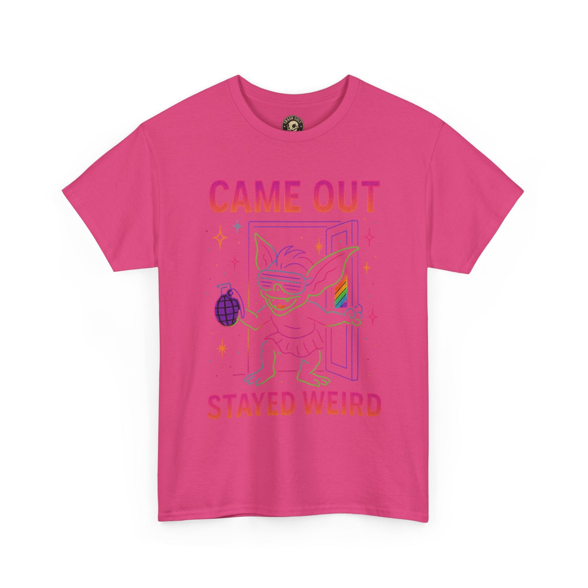 Came Out, Stayed Weird – Neon Gremlin Pride T-Shirt | Gildan Unisex Heavy Cotton Tee | LGBTQ+ Graphic Shirt