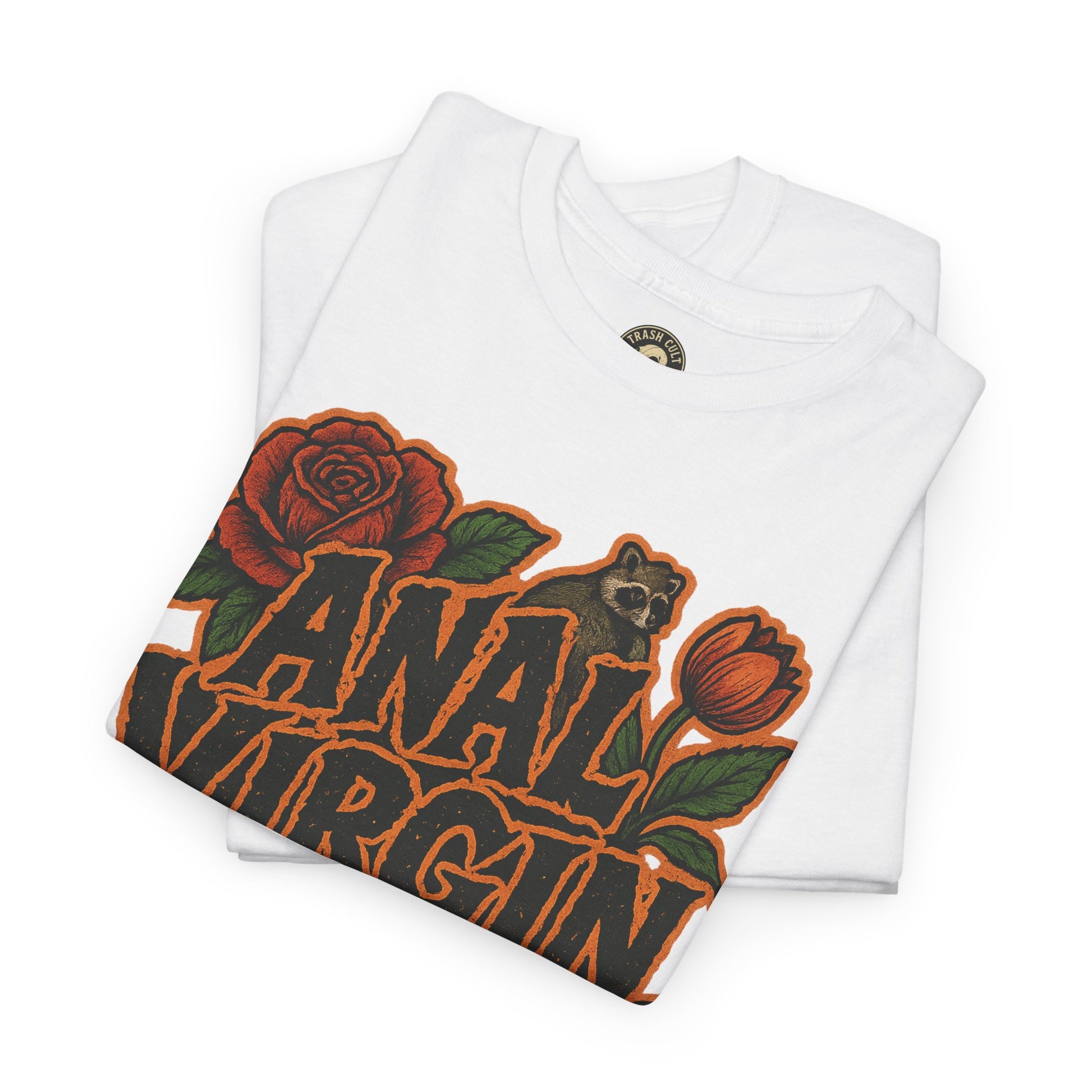 Anal Virgin Bold Floral Trashcore Tee – Funny Raccoon Shirt – Gildan 5000