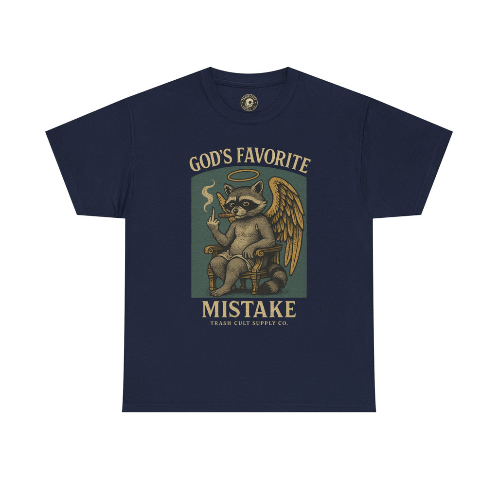 God’s Favorite Mistake Shirt – Raccoon Angel Flipping the Bird by Trash Cult Supply Co.
