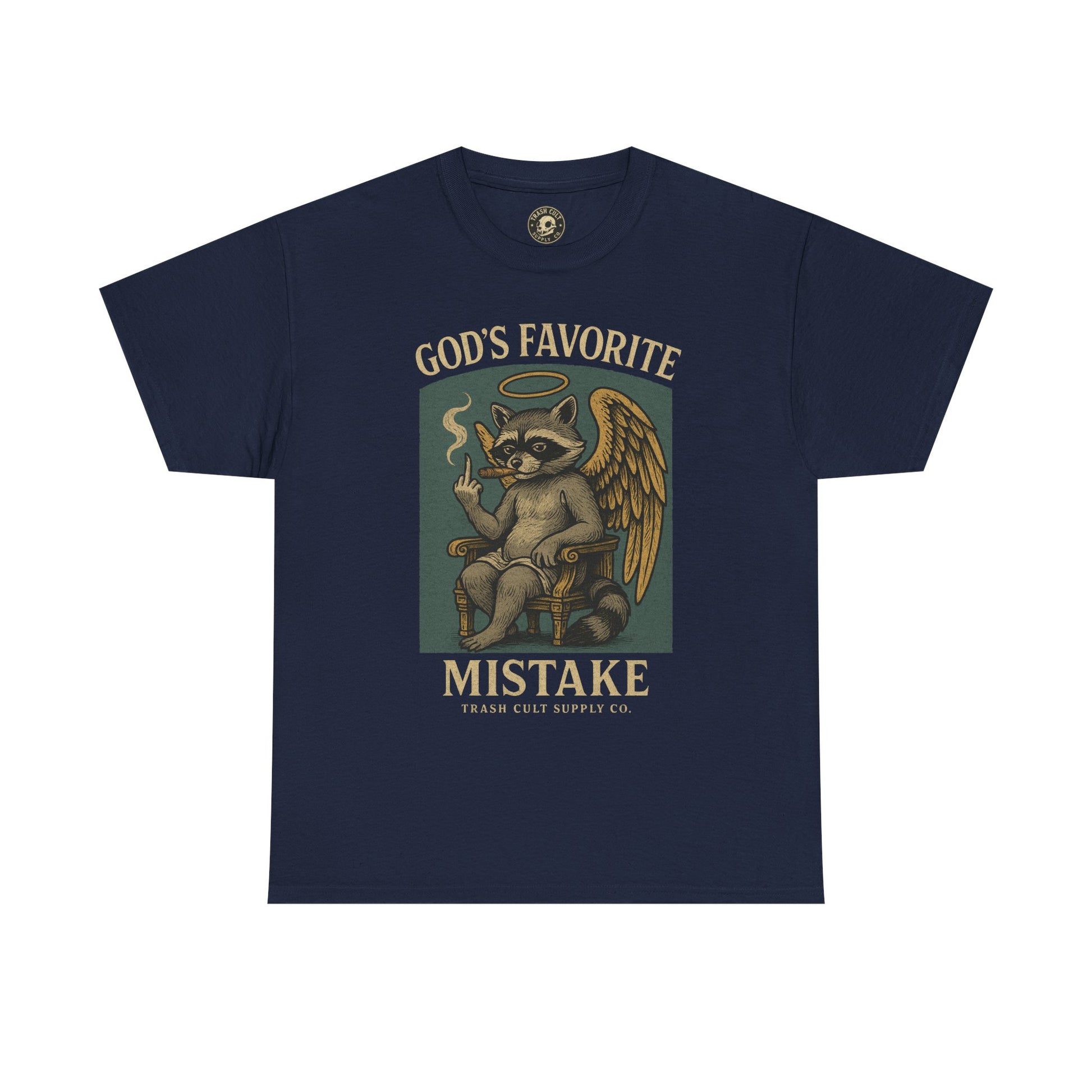 God’s Favorite Mistake Shirt – Raccoon Angel Flipping the Bird by Trash Cult Supply Co.