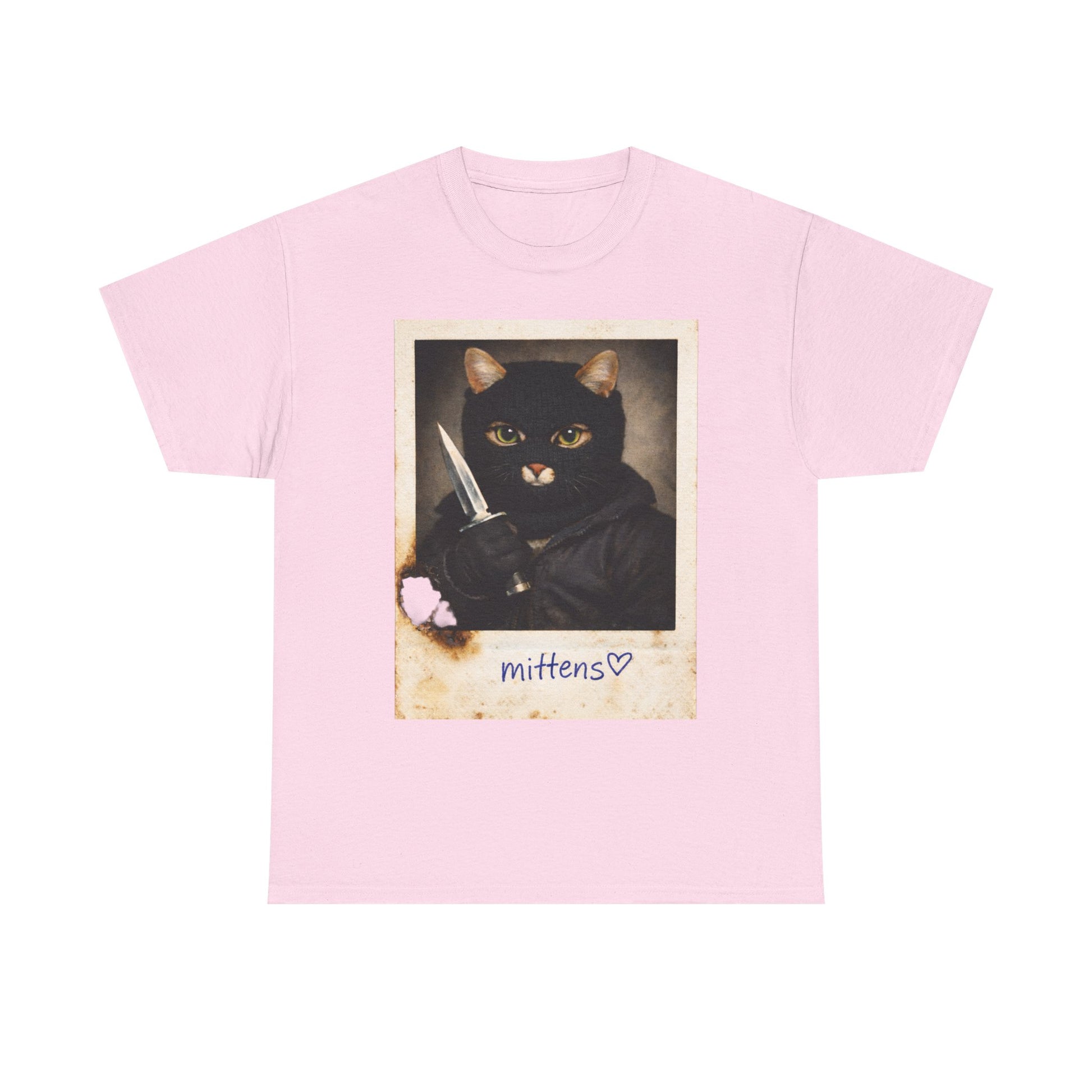 Cat With Knife Tee — "Mittens" Dark Humor Vintage Polaroid Graphic T-Shirt