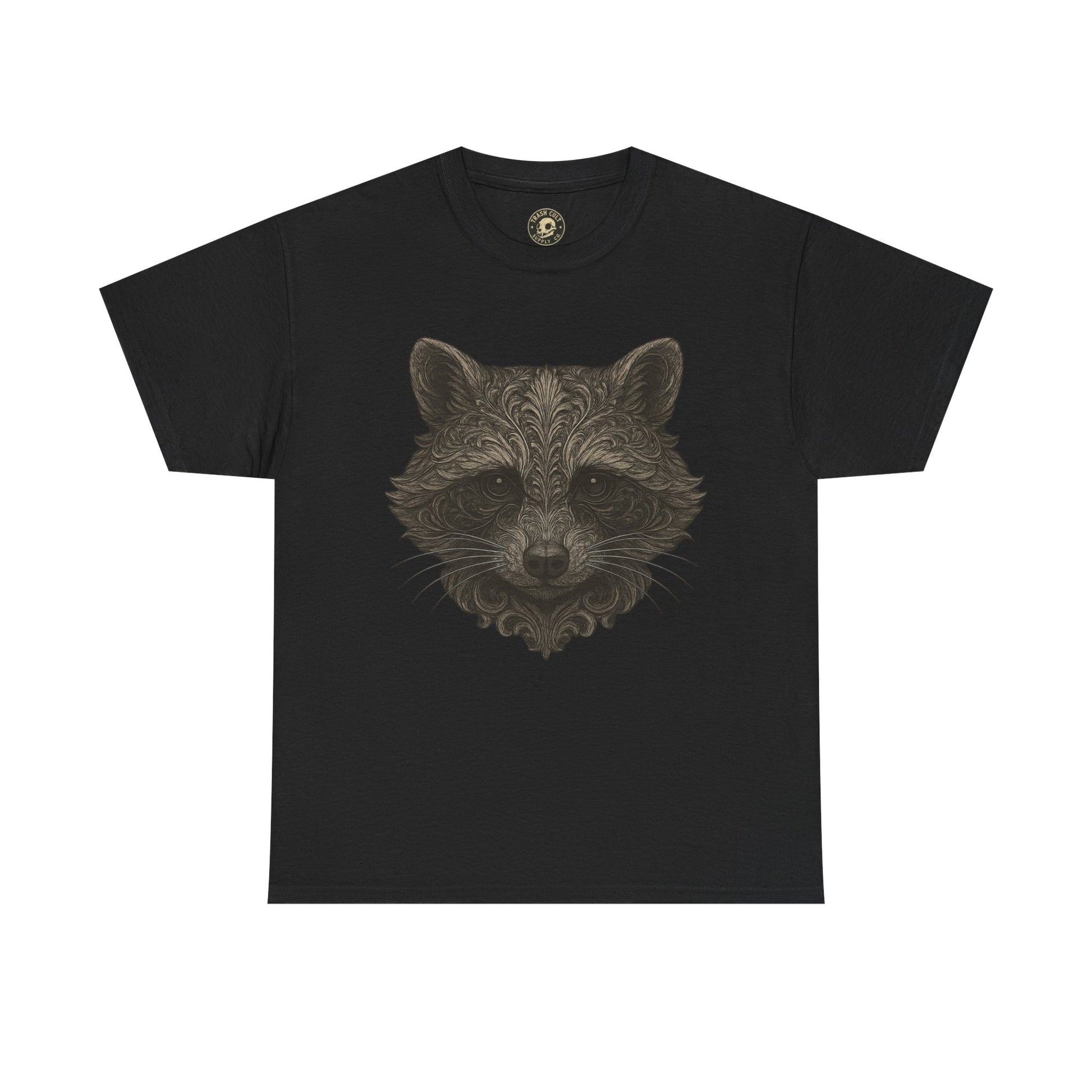 Ornate Raccoon Face Shirt – Intricate Woodland Animal Art Tee – Tattoo-Inspired Forest Aesthetic – Trash Cult Supply Co.