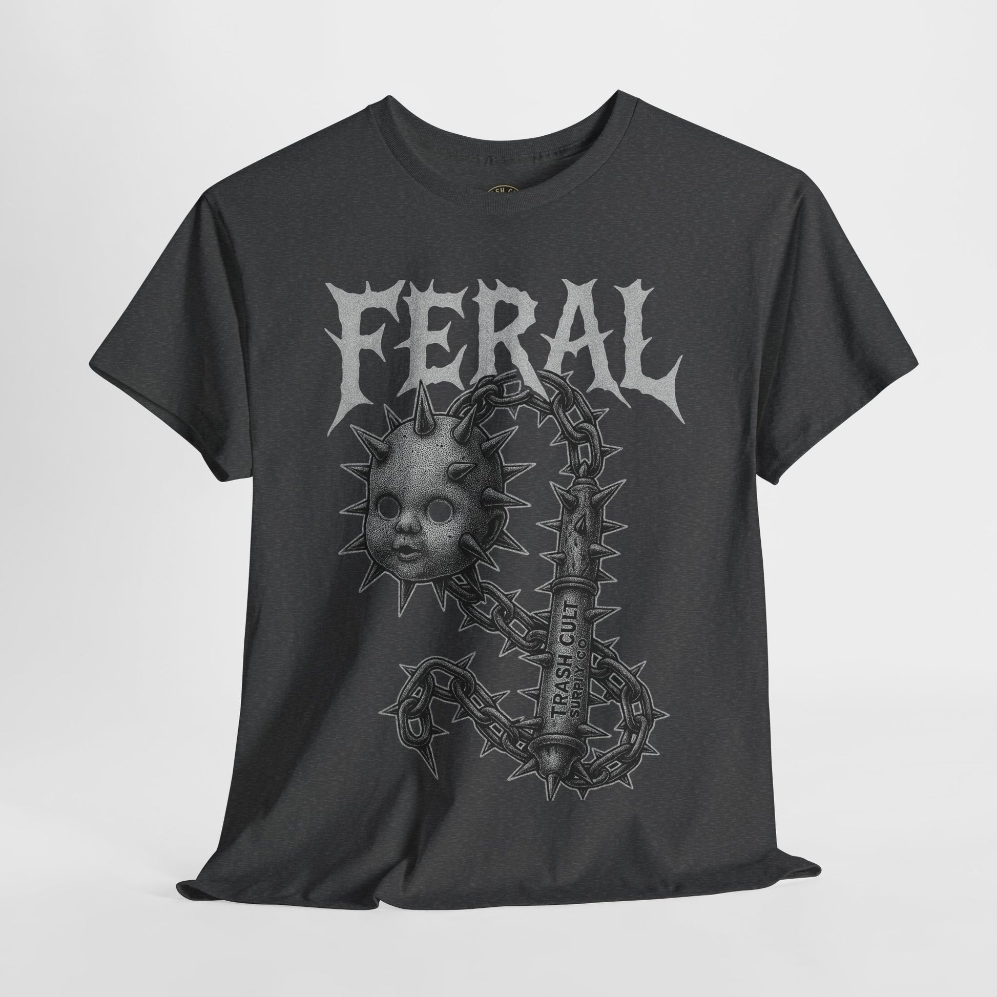 FERAL Spiked Doll Flail Tee – Halftone Gothic Weapon Shirt | Trash Cult Supply Co. | Gildan 5000