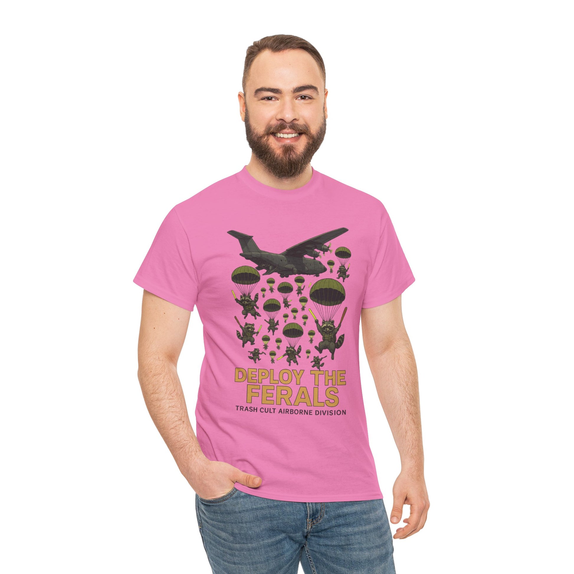 Deploy the Ferals T-Shirt – Airborne Raccoon Drop Graphic | Trash Cult Supply Co. | Gildan 5000 Heavy Cotton Tee