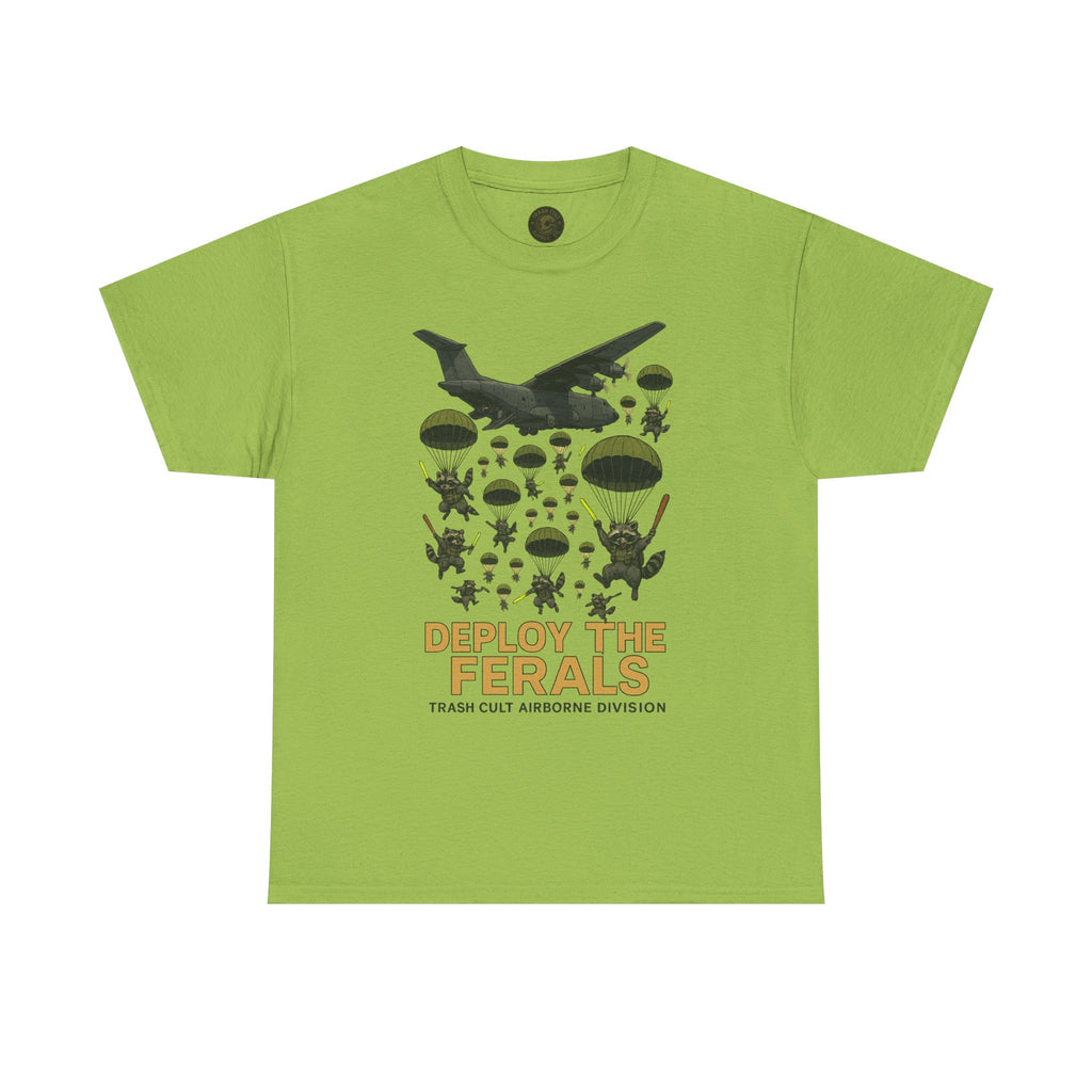 Deploy the Ferals T-Shirt – Airborne Raccoon Drop Graphic | Trash Cult Supply Co. | Gildan 5000 Heavy Cotton Tee