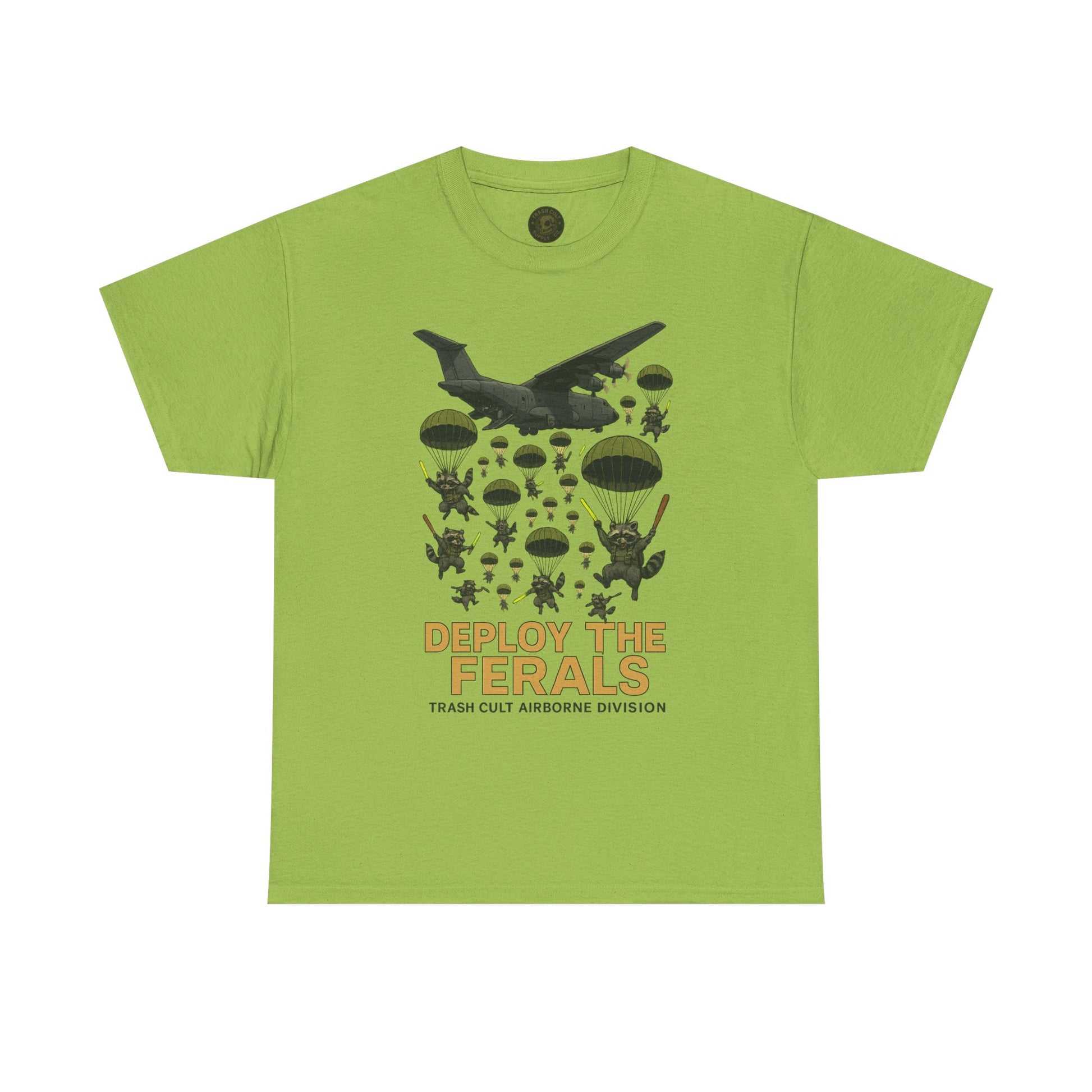 Deploy the Ferals T-Shirt – Airborne Raccoon Drop Graphic | Trash Cult Supply Co. | Gildan 5000 Heavy Cotton Tee