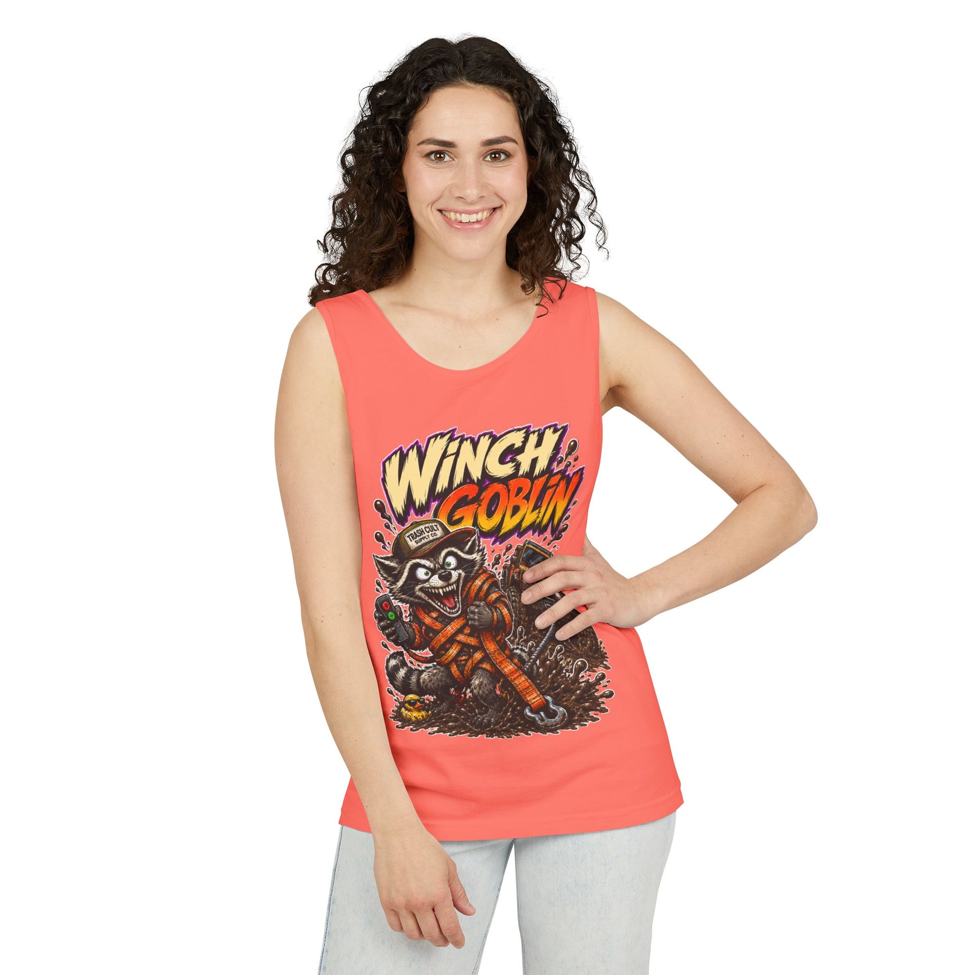 Winch Goblin Graphic Tank Top — Retro Cartoon Mechanic Design