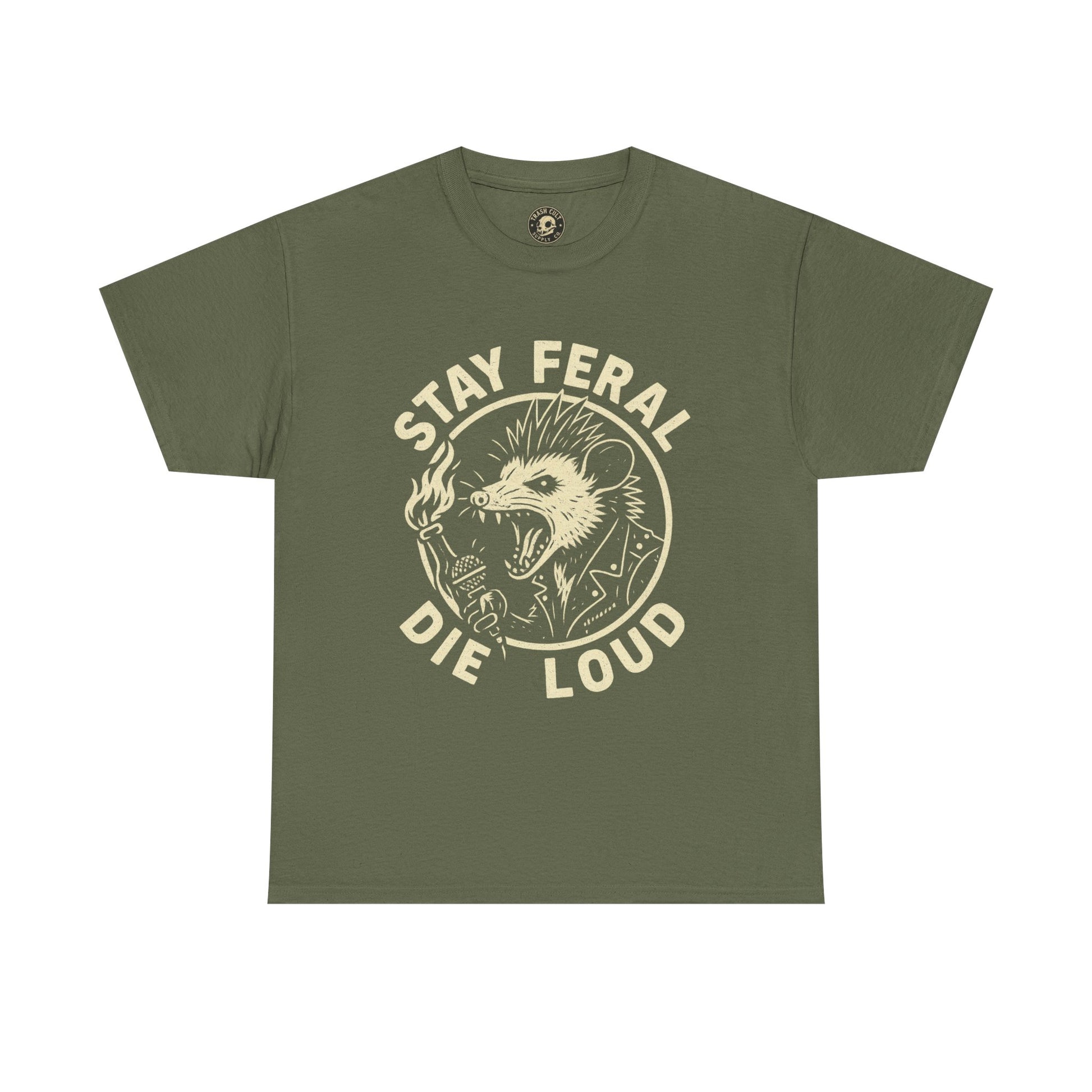 Stay Feral Die Loud Possum Punk Shirt – Trash Cult Supply Co – Gildan 5000 T-Shirt