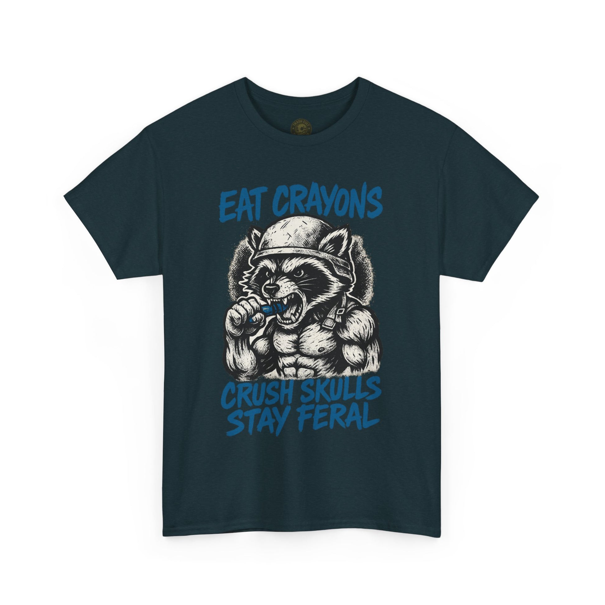 Eat Crayons Crush Skulls Stay Feral Military Raccoon Shirt – Gildan 5000