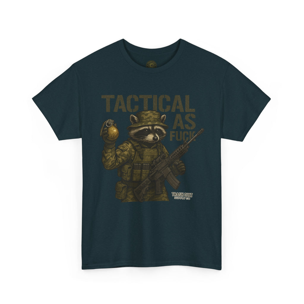 Tactical As F*** T-Shirt – Armed Raccoon Military Humor Tee | Trash Cult Supply Co. | Gildan 5000 Heavy Cotton